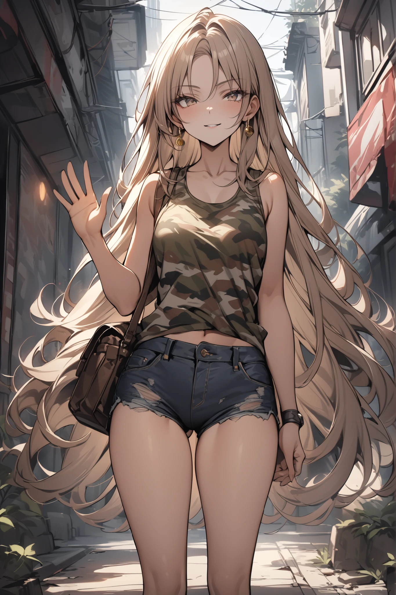 ((masterpiece,Highest Quality:1.2)),(soro),slender,Middle school girl looking at me in the middle of the city and waving,cowboy shot,beautiful skin,(Thin thighs),(healthy tanned skin,) light brown very long hair,Perfect brown eyes , tree eyes ,Serious smile,Camouflage Tank Top,black damaged denim shorts,brown sandal heels,Gold Earrings