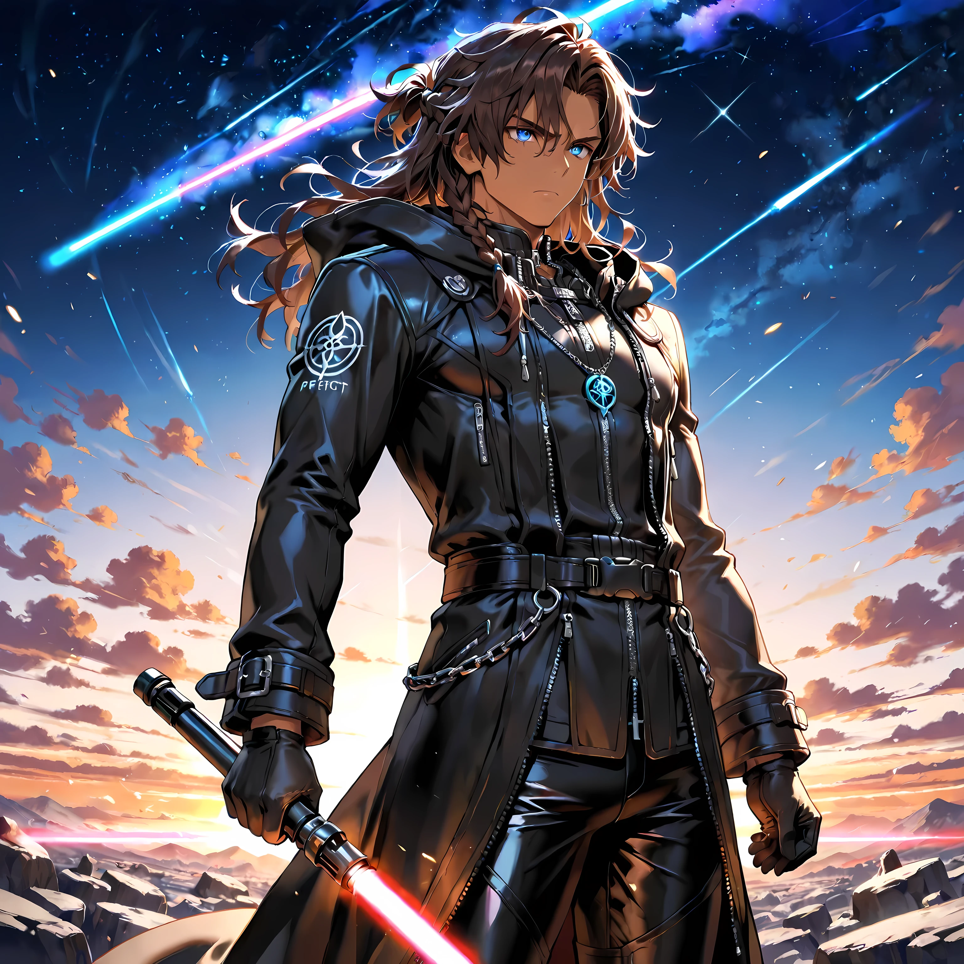 masterpiece , best quality , 1male , 18 Year Old , male focus , solo , subtle muscle , dark caramel skin , brown hair , medium wavy messy hair , side braid , tied back half updo hair , vibrant blue eyes , (perfect eyes) , serious expression , black clothing , organization 13 cloak , gloves , hood , black leather pants , long sleeves , zipper , jewelry , chain , necklace , (holding a black handle multicolored sunset lightsaber) , space background , perfect background , close-up