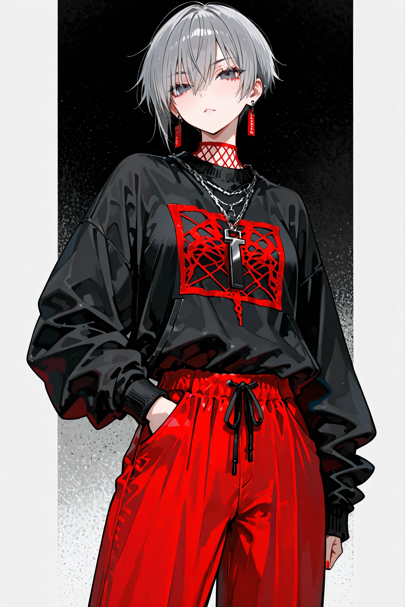 Tomboy。boyish。black knit with long pants。gray hair semi-long with red mesh。