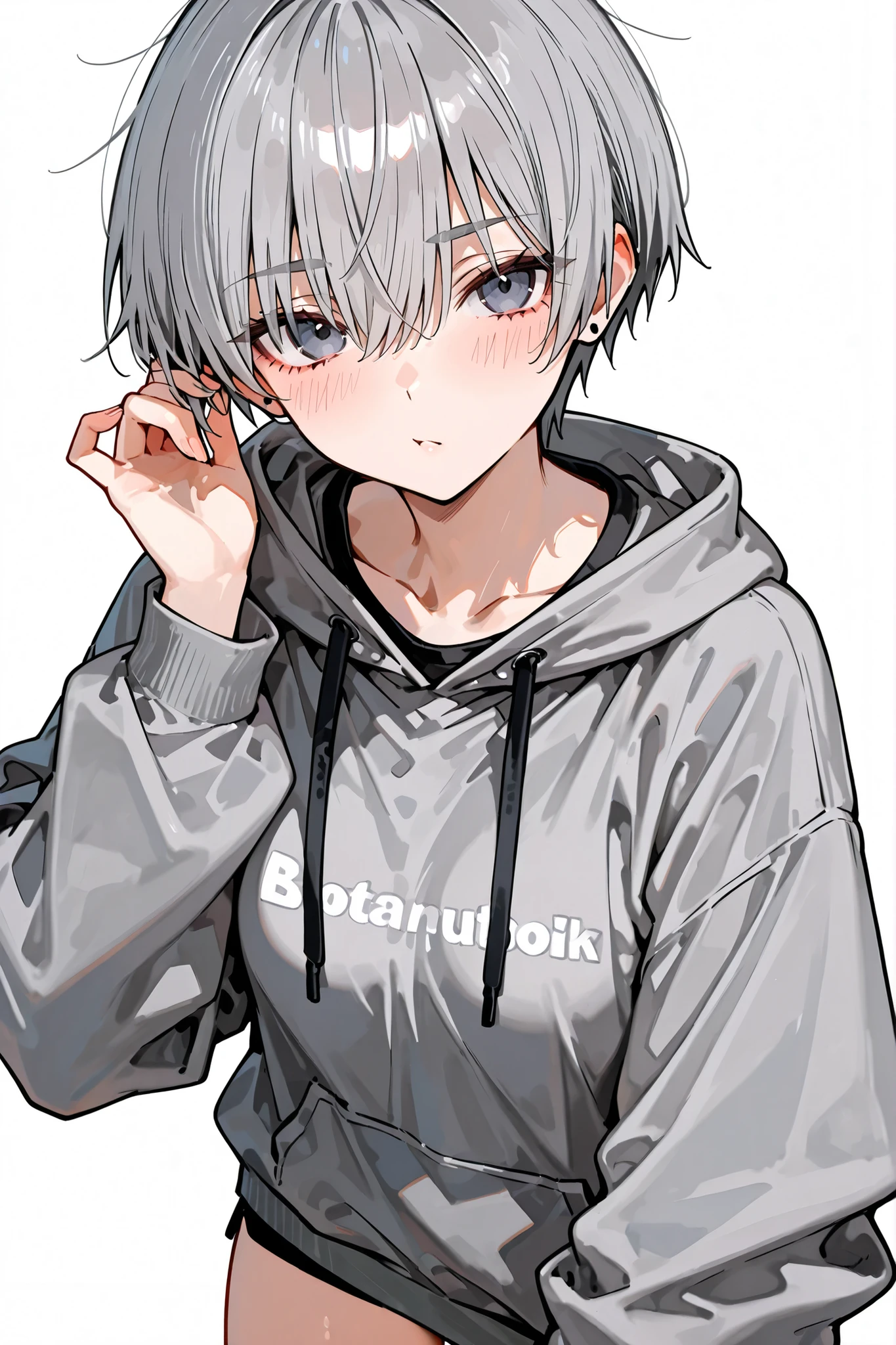 Tomboy。boyish。gray hair semi-long。 gray sweatshirt。