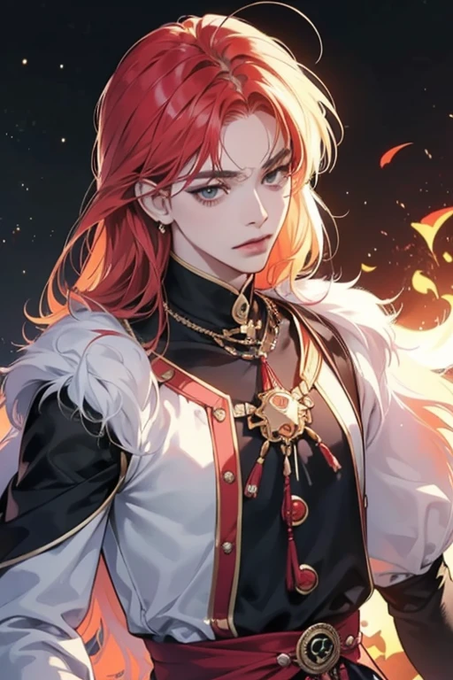 (((8k, Fotos RAW, Melhor qualidade, obra-prima: 1.4))), ultra-high resolution, ultra-detalhado, lamparina, Decote em close, Homem bonito, olhos dourados, (olhos detalhados, eyes are bright:1.2), (long medium red hair), pale skin, piercings nas orelhas, escuro, Roupas pretas, Roupas meticulosas, gold accessories in clothes, (anatomia perfeita:1.2), Sombra de alta qualidade,  natural lighting, (destaques brancos:1.2), a noite, dia nublado, (Starry sky:1.2)