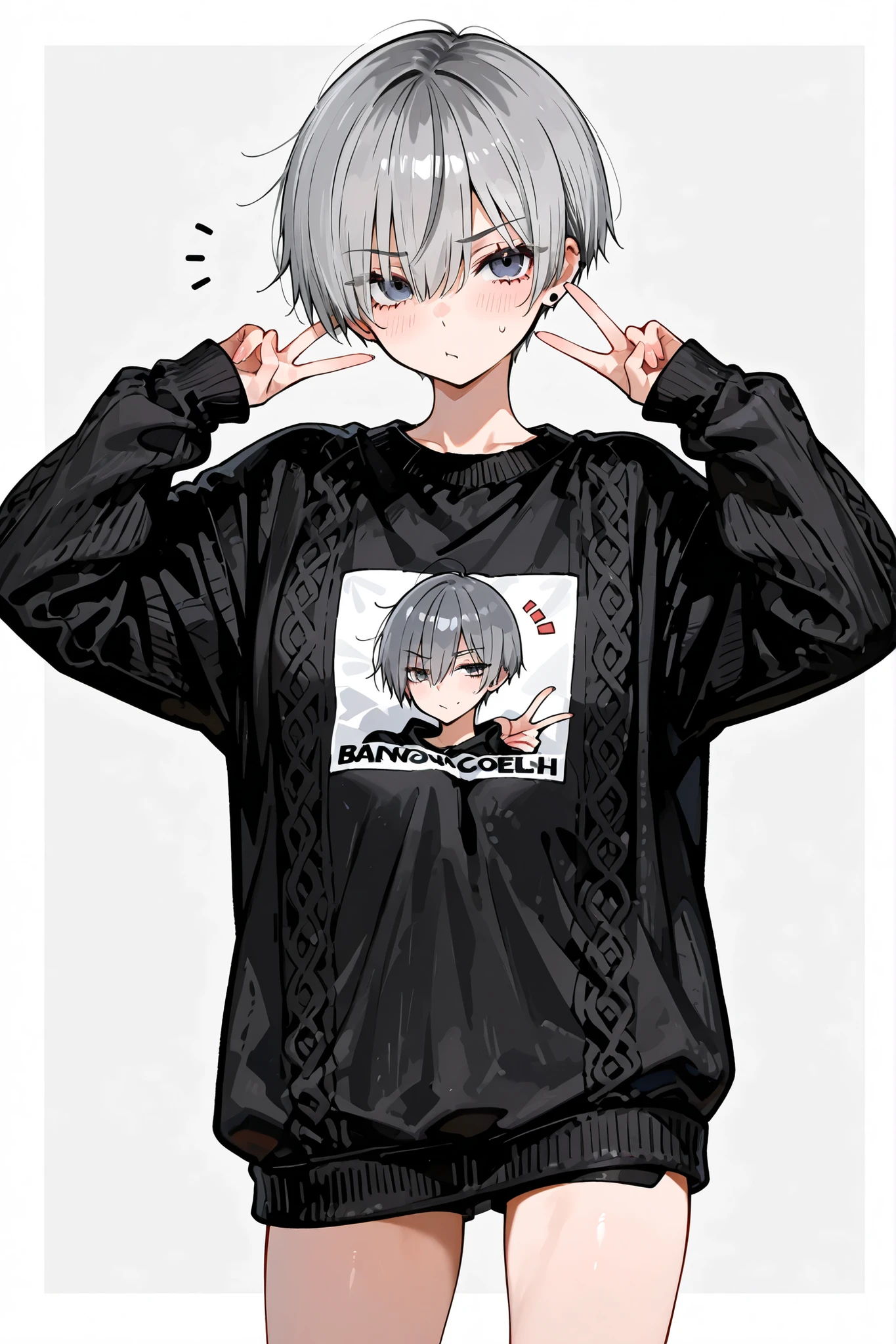 Tomboy。boyish。gray hair semi-long。 black knit。is cool。