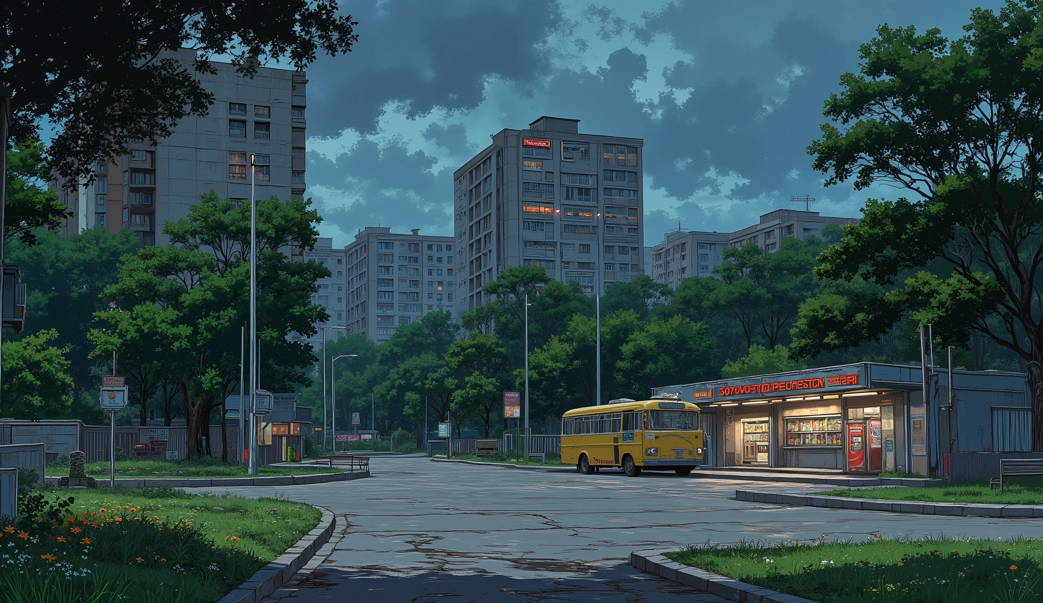 landscape, street, Soviet atmosphere, panel buildings:2.5, Paneling:2.5, Lots of floors, , night, summer, Puddles on asphalt, cloudy:1.5, grass, at the crossroads :1.5, asphalt cracks:0.5, Soviet concrete fence:0.15, flower:0.25, Constructivist , No sun , street lighting poles:0.1, Abandoned, empty streets:1.5, Soviet stores, Khrushev-style apartment, Soviet soda machine:1.5, bench, A yellow bus stopped on the side of the road