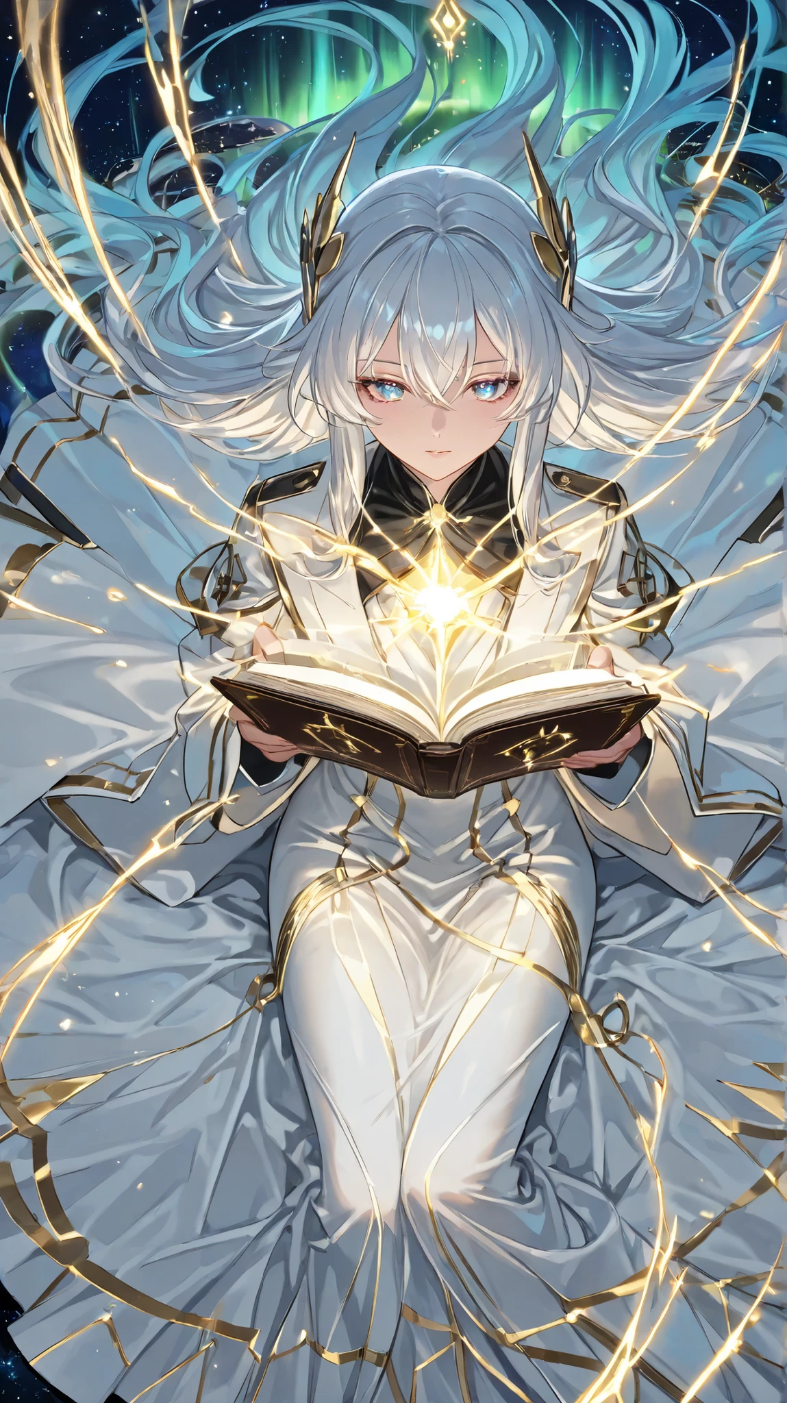 ((masterpiece,)) ((high quality,)), Highest Quality, Untreated , ultra-detailed perspective, Hire , 8k, Grimm who is mindlessly flipping through an old book=vernite,Mermaid Long Dress, Mysterious Android. Grimm has a long, white hair like glass, an eerily perfect face, aurora-colored eyes that subtly display symbols and numbers. Sleek , Magical Patterns Subtly Carved on Black and White Coat-like Uniforms, They、Sitting quietly in a dimly lit library filled with floating research notebooks. as if reality itself is adjusted to its existence、the air around her chest trembles. They無心に古い本をめくっている, While、with faintly glowing symbols floating close to their fingertips. The atmosphere is mysterious, evokes the sense of an observer away from time., bioluminescent dress, light magic