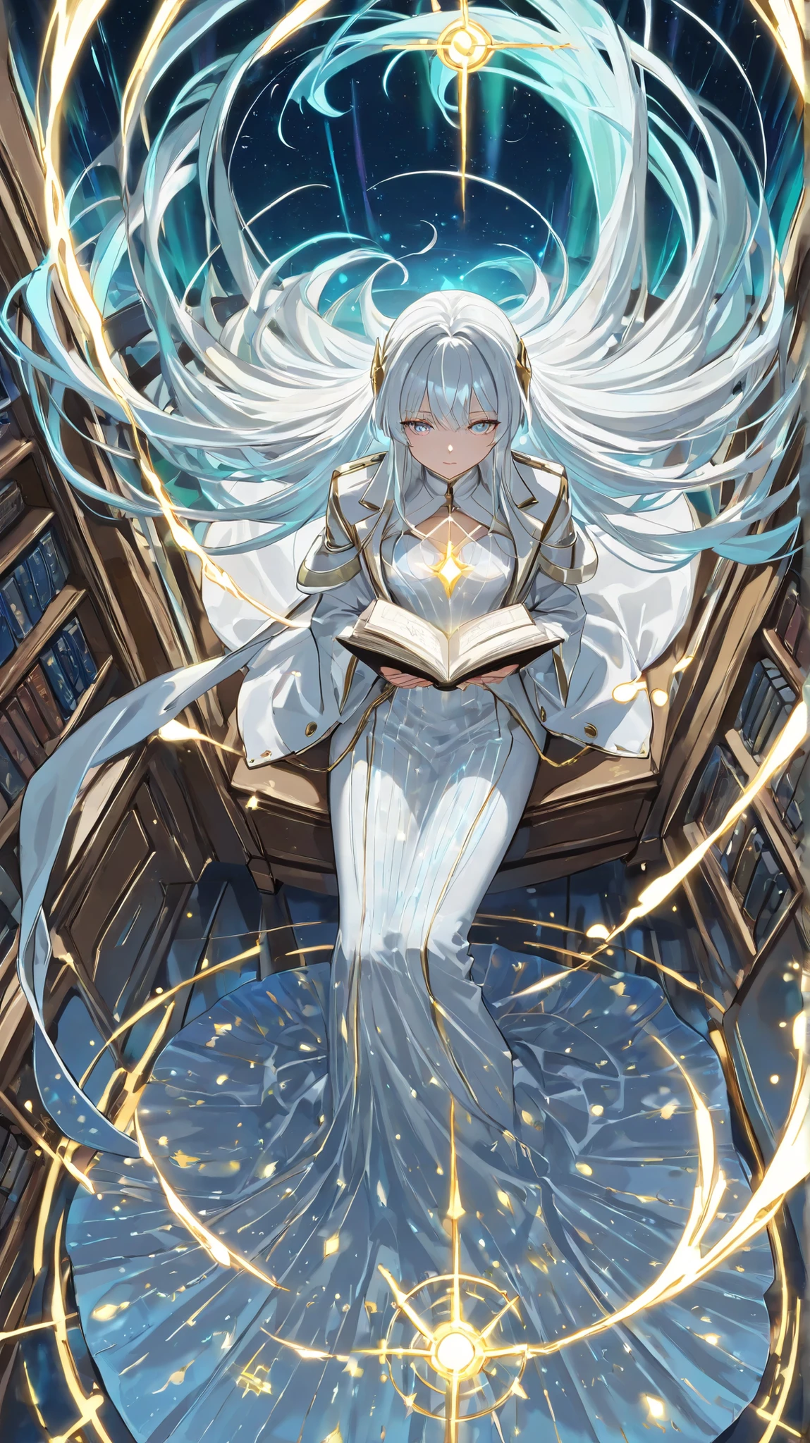 ((masterpiece,)) ((high quality,)), Highest Quality, Untreated , ultra-detailed perspective, Hire , 8k, Grimm who is mindlessly flipping through an old book=vernite,Mermaid Long Dress, Mysterious Android. Grimm has a long, white hair like glass, an eerily perfect face, aurora-colored eyes that subtly display symbols and numbers. Sleek , Magical Patterns Subtly Carved on Black and White Coat-like Uniforms, They、Sitting quietly in a dimly lit library filled with floating research notebooks. as if reality itself is adjusted to its existence、the air around her chest trembles. They無心に古い本をめくっている, While、with faintly glowing symbols floating close to their fingertips. The atmosphere is mysterious, evokes the sense of an observer away from time., bioluminescent dress, light magic