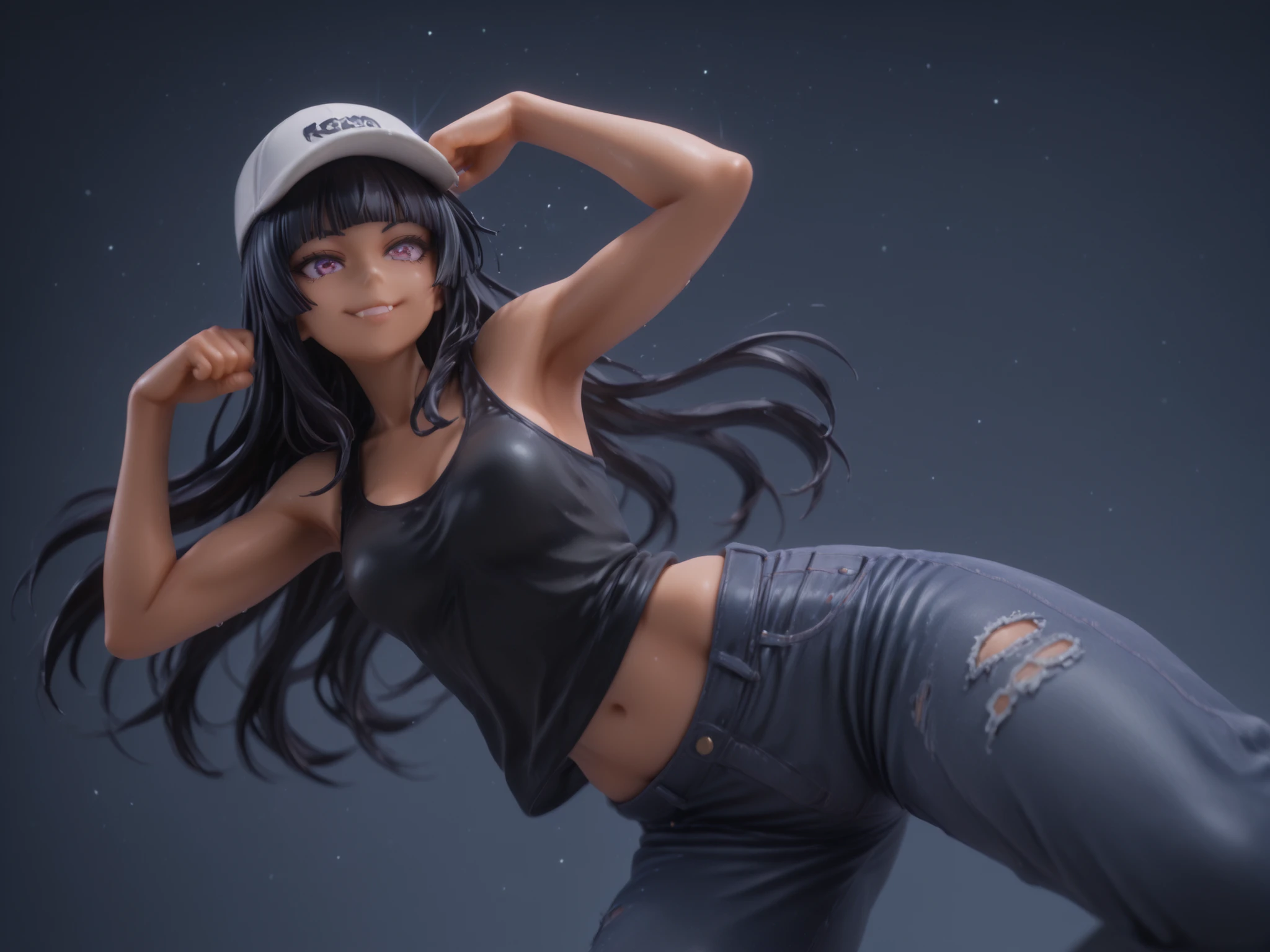 3D, PVC, hzk, ((random pose)), (masterpiece , detailed:1 . 2) , highest quality , Ultra High Quality , k , Beautiful and delicate girl, solo,
parfect eyes, focus face , blown eyes, beautiful eye, (smile), hime cut, black base ball cap,
(dark skin:1.3), black hair, visible fangs,
black tank top, destroyed jeans,
Smiling at viewer,
small breasts, lens flare, her outline Shimmery, from below, 12 noon, japan city, portrait, (detailed lighting), ((sharp focus)), Dutch angle , Dynamic motion , ((jack-o pose)) , sideview,