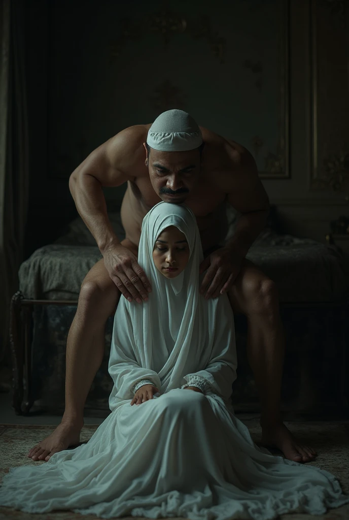 Kurdish woman in hijab  shoulder  arm breasts  talking with a Arab man in bedroom view from side angry raged 