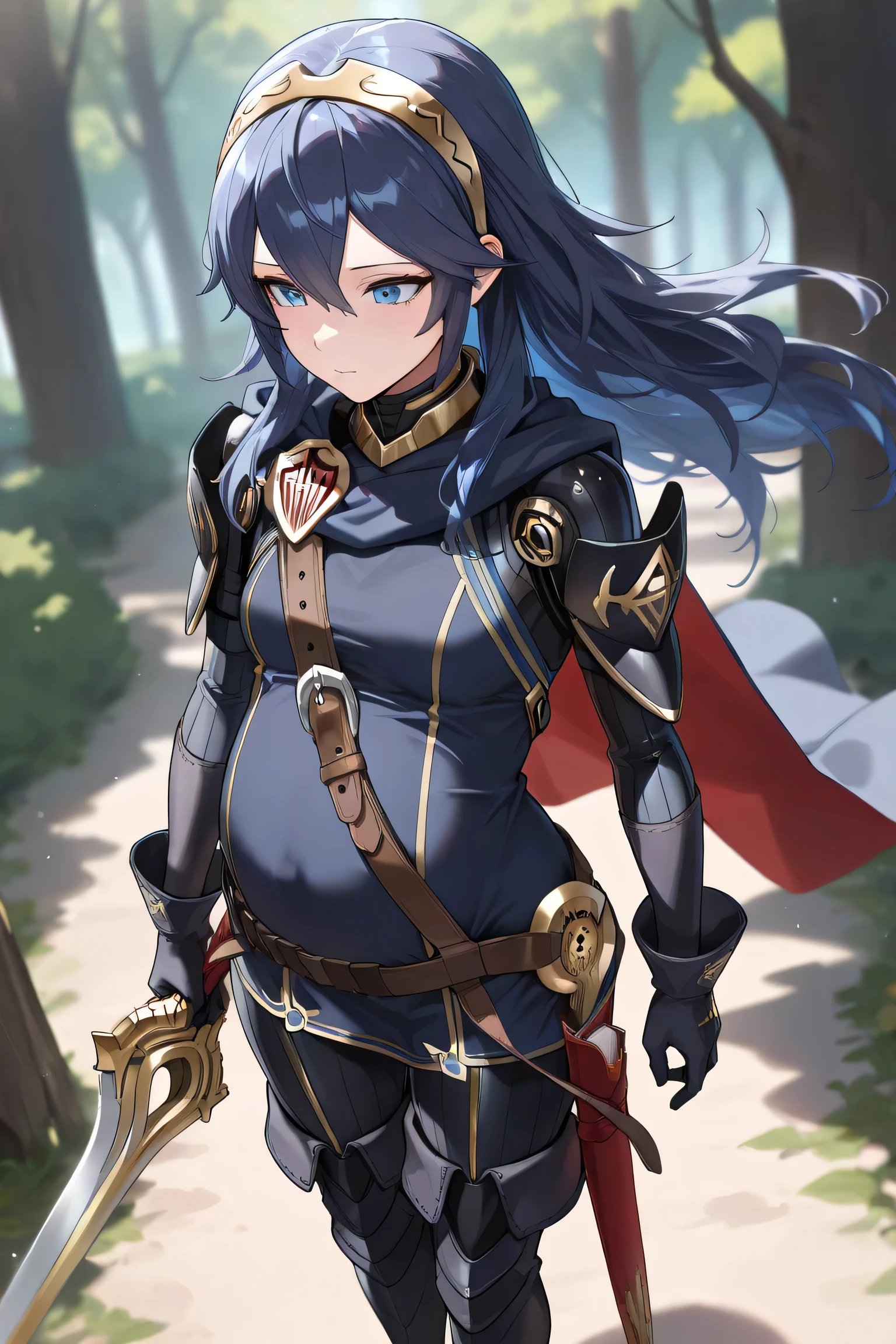 (Best quality, 4k, 8k, high resolution, masterpiece:1.2), ultra detailed, intricate details, beautiful girl, alone, long blue hair, (long hair:1.0), bangs, blue eyes, small , perfect smooth skin, head tilted, (Pregnant:1.0), At forest on weeded streets, dark navy tunic with gold accents, long blue cape, dark navy shoulders armor , dark navy forearms armor , dark navy boots armor, brown leather belt, pouches attacht to belt, legendary sword Falchion in an ornate scabbard sheated, dark gloves, dark navy long pants, high waisted pants, dark blue clothes inside tunic covered shoulder all skin, long Sleeve Tunic, golden headband