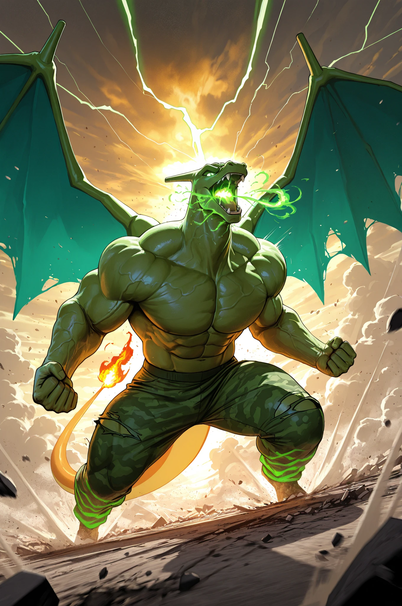 , Beast King Chronicle, Dragon, Green Dragon, sega, GAME, Alterd beast, Weredragon, dragon, Green dragon, Green Skin, All Green, No Hair, (god rays:0.15), kemono (detailed soft fur:1.1), best quality, ultra realistic, 8K), (kemono:1.5), (only:1.5), (male:1.5), muscular, (glowing red eyes1.2), veiny muscles, bulging muscles, wide , thick thighs, thick arms, popping veins, looking directly at viewer, (direct gaze:1.5), highly detailed eyes, alluring gaze, powerfull strong mighty, wings, horns, Monster, giant, handsome alpha male, wide thick , large pecs, large biceps, abs, large shoulders, thick legs, , Big muscles, Muscle growth, Bodybuilding, R-18, Big arms, reg, Big reg, muscle reg, , bulk up, Growth, bodybuilder, Hyper muscle, full body shot, Hyper , Big , humanoid , , big , hyper , Abdominal muscles, Hyper abdominal muscles, Growth muscle, Power up, definition, Big Abdominal muscles, Abdominal muscles, muscle, Big , All , , Completely , , bodybuilding, bodybuilding Pose, big wings, Only Green Skin, Only Green, Not Hair, All Green Skin, dragon Wings, Tail, tail, wing, Back Wings, Roar, roar