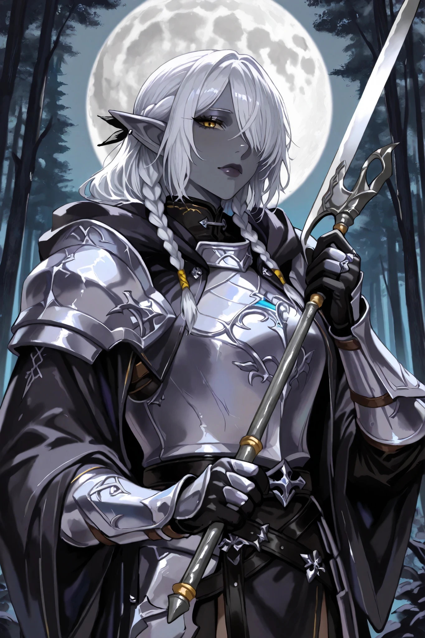 1 mature girl, drow, gray skin, gray coloured skin, elf ears, long white hair, hair covering one eye, braided hair, yellow eyes, wearing light armour with robes, silver armour, holding a glaive, glaive in hand, background is a forest with a moon
