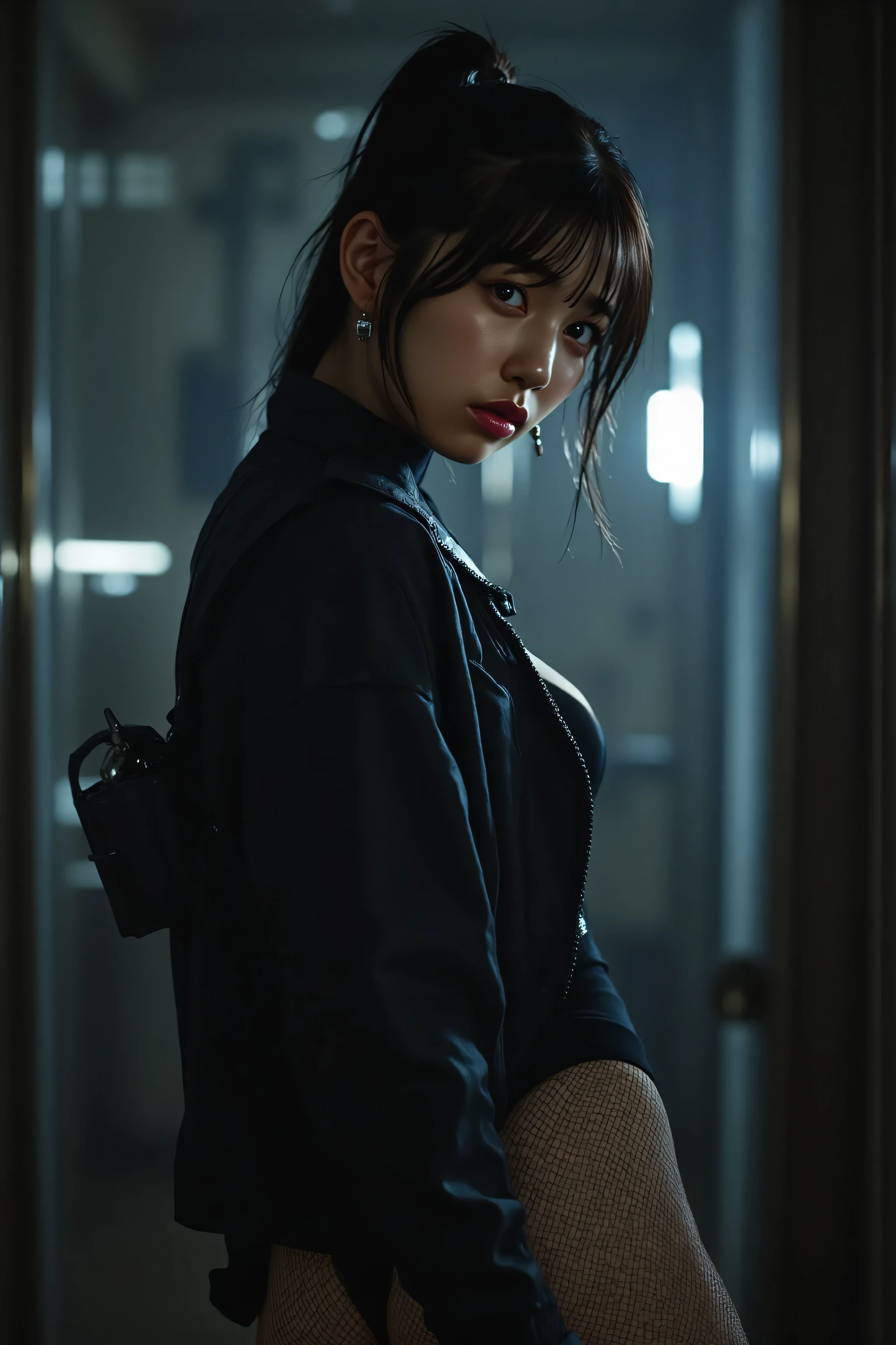 (((dark inside the spaceship Nostromo:2.0))),(((HR Giger-esque cyberpunk atmosphere:2.0))),((((Side view from back:2.0)))),(((looks back at camera:2.0))),(((looking back over your shoulder:2.0))),((Full Body:2.0)),one woman,(cute face:1.5),(Beautiful well-balanced face :1.5),(dark haired:1.5),(beautiful eyes:1.3),glamorous shot of a 20-year-old Japanese woman,(Beautiful slender body:1.7),((model body type:2.0)),((slim body:1.7)),perfect body line,ideal proportions,(BIG BREASTS:2.0),Bare thighs,sensual thighs,delicate body,(muscular:1.5),a harmonious posture,((Beautiful Butts:2.0)),((cute ass:2.0)), ((((bare ass :2.0)))),((((intense T-back:2.0)))),(Realistic breast depiction :1.5),carefully depict limbs based on perfect anatomy,((未来の武士風の黒いハーネス付super high leg leotard:2.0)),((super high leg leotard:2.0)),((((強烈に食い込んだsuper high leg leotard:2.0)))),((Tactical Holster:2.0)),((Black jacket with open front over leotard:1.7)),((round eye glasses:2.0)),((((thick fishnet tights:2.0)))),Concept Art,(Highest Quality:1.5),(masterpiece:1.5),(超高Resolution),Resolution,UHD,(delicate depiction),carefully drawn,32k,((realistic skin texture:1.5)),(((wet skin:2.0))),(((ULTRA REALISTIC:1.5))),carefully drawn eyelashes,Highly Detailed Faces,highly detailed female hands,very sensual,(Blurry, dim background:1.5),professional photo shoot,(Movie Lights:2.0),((Blade Runner Style Lighting:2.0))