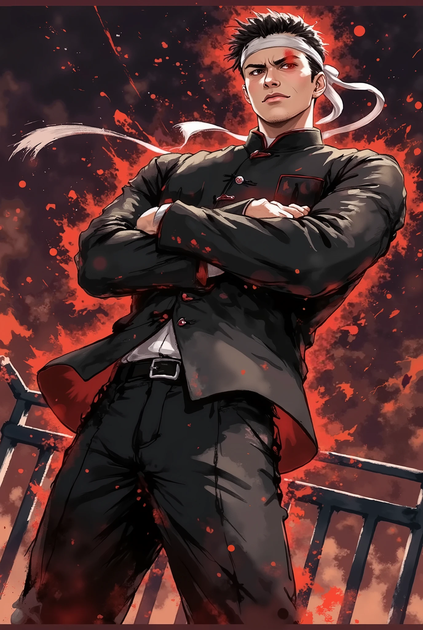 Japanese brush and colored ink, rough sketch, thick ink effect lines, masterpiece, best quality, ultra-detailed, very aesthetic, absurdres, rough sketch, solo, 1 boy, high-school student, muscular, black crew cut, white long hachimaki, heterochromia, black eye, red eye, red aura of one eye, gakuran, torn black jacket, black pants, standing, red aura, frown, closed mouth, looking at viewer, crossed arms, legs apart, cowboy shot, from below, dutch angle, school gate, strong wind,