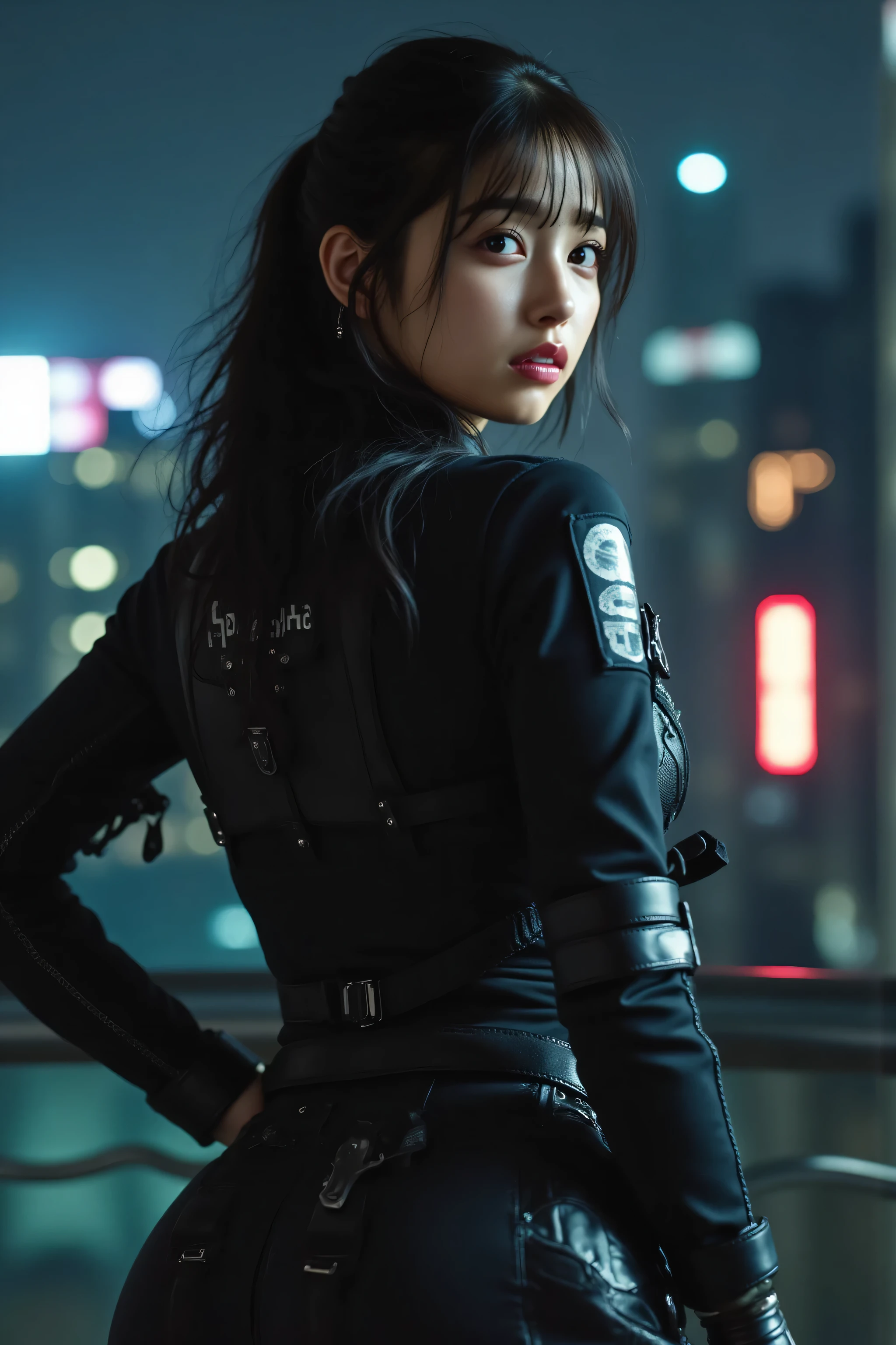 (((Midnight Future City Rooftop:2.0))),(((HR Giger-esque cyberpunk atmosphere:2.0))),(((Holding a Cyberpunk Sniper Rifle:2.0))),standing in the teacher's house,((((Side view from back:2.0)))),(shows off your crotch to viewers:2.0),(((looks back at camera:2.0))),((looking back over your shoulder:2.0)),((Full Body:2.0))one woman,(cute face:1.5),(Beautiful well-balanced face :1.5),(Wavy Black Hair:1.7),(beautiful eyes:1.3),glamorous shot of a 20-year-old Japanese woman,Beautiful slender body,((model body type:2.0)),((slim body:1.7)),perfect body line,ideal proportions,((BIG BREASTS:2.0)),((スリーサイズ90-58-86:3.0)),((F cup chest:1.5)),big boobs,Bare thighs,sensual thighs,delicate body,(muscular:1.7),a harmonious posture,((Realistic breast depiction :1.7)),carefully depict limbs based on perfect anatomy,((black future police style bodysuit with harness:2.0)),((((ボディラインが美しいラテックス製のFull Bodyボディスーツ:2.0)))),((((体にフィットした特殊部隊用Full Bodyスーツ:2.0)))),((Tactical Holster:1.5)),Concept Art,(Highest Quality:1.5),(masterpiece:1.5),(超高Resolution),Resolution,UHD,(delicate depiction),carefully drawn,32k,((realistic skin texture:1.5)),(((ULTRA REALISTIC:1.5))),carefully drawn eyelashes,Highly Detailed Faces,highly detailed female hands, Sexy appearance ,very sensual,(Blurry, dim background:1.5),professional photo shoot,(Movie Lights:2.0),((Blade Runner Style Lighting:2.0))