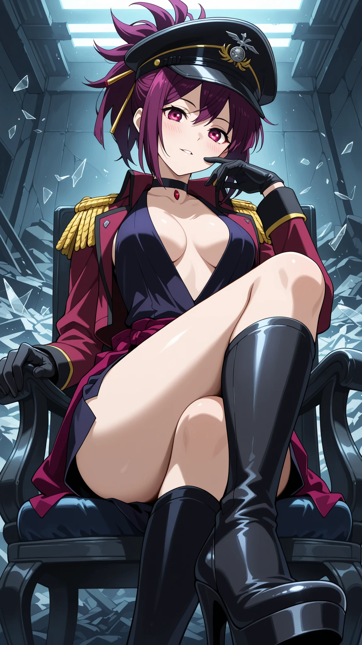 BREAK (masterpiece:1.2), best quality, high resolution, unity 8k wallpaper, (illustration:0.8), (beautiful detailed eyes:1.6),Row of shattered buildings,
piles of rubble choking the road,
shattered glass glittering among bricks, yuzuriha, hair ornament, purple eyes, ponytail, purple hair,medium breasts,gloves, hat,black dress, cleavage, jewelry, jacket, open clothes, choker, black gloves, military, black headwear, black choker, peaked cap, epaulettes, military hat,blush,looking at viewer,cowboy shot,sitting provocatively on a chair, dimly lit room, dramatic shadows, seductive pose, detailed textures, high realism, elegant yet suggestive mood, 4k illustration,excited face,croseed legs,horny,sexy platform heels,from below,