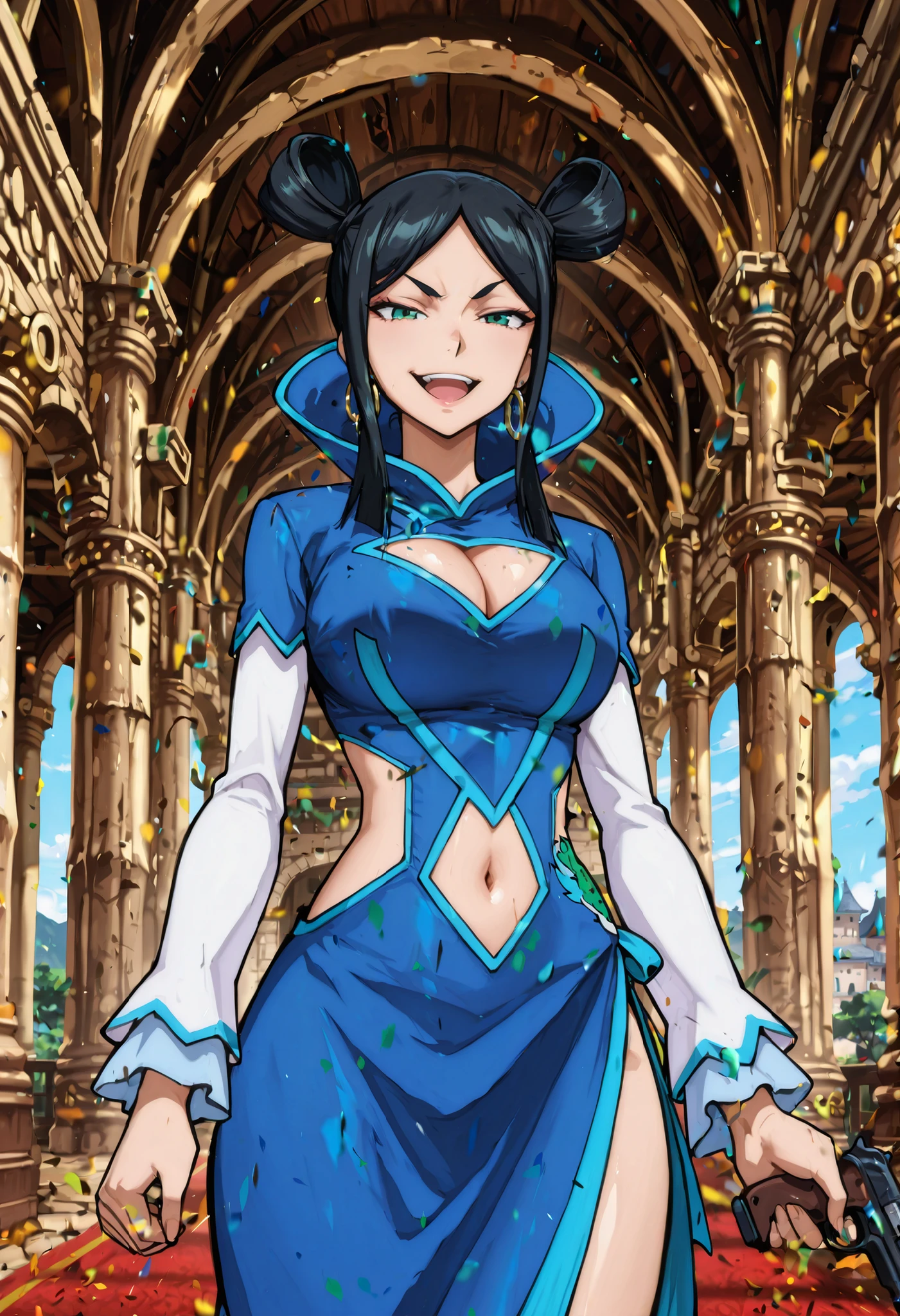 m1n1eb,1girl,solo,black hair,double bun,sidelocks,hoop earrings,green eyes,cleavage cutout,clothing cutout,cleavage,large breasts,blue china dress,white sleeves,p
looking_at_viewer,available light,smile,moody lighting,day,castle,cowboy_shot,,caramelldansen,, masterpiece, best quality, highly detailed, a girls in long dress with navel cutout posing for a picture, evil
smile, smile, open mouth, () , revealing dress, beautiful dress center opening ,
long dress with bellybutton showing, official artwork, exposed navel, exposed bellybutton, jewelry,
earrings, complex detailed background, casino environment, fancy
interior environment, rich interior, holding a gun, holding pistol, side slit ,
navel cutout, exposed navel, exposed bellybutton, medium large ,looking at viewer , dragon tattoo on waist, narrowed eyes, tattoo on waist, anipai_style , anime screencap , anime coloring, v-shape eyebrows,