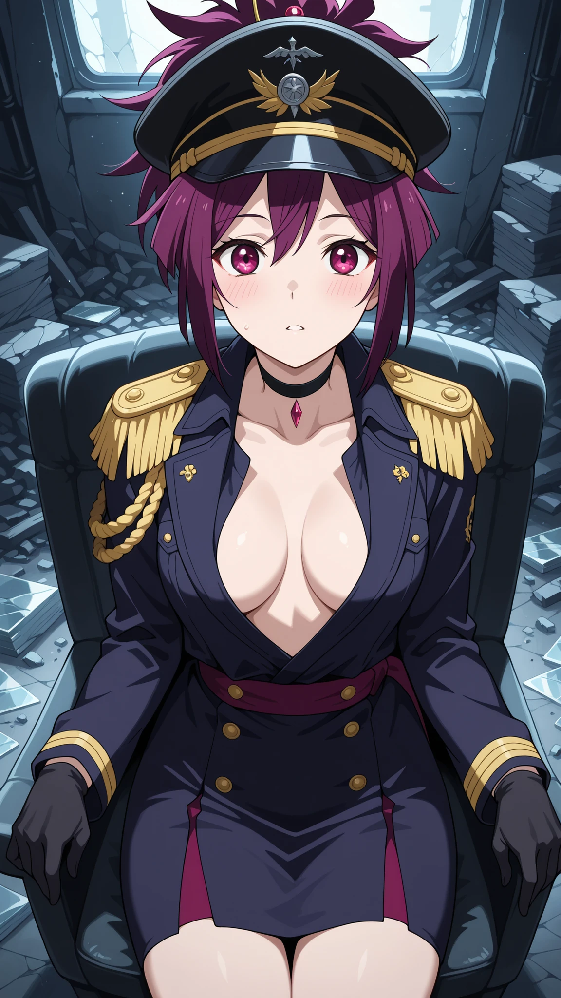 BREAK (masterpiece:1.2), best quality, high resolution, unity 8k wallpaper, (illustration:0.8), (beautiful detailed eyes:1.6),Row of shattered buildings,
piles of rubble choking the road,
shattered glass glittering among bricks, yuzuriha, hair ornament, purple eyes, ponytail, purple hair,medium breasts,gloves, hat,black dress, cleavage, jewelry, jacket, open clothes, choker, black gloves, military, black headwear, black choker, peaked cap, epaulettes, military hat,blush,looking at viewer,cowboy shot,sitting provocatively on a chair, dimly lit room, dramatic shadows, seductive pose, detailed textures, high realism, elegant yet suggestive mood, 4k illustration,excited face,croseed legs,horny,