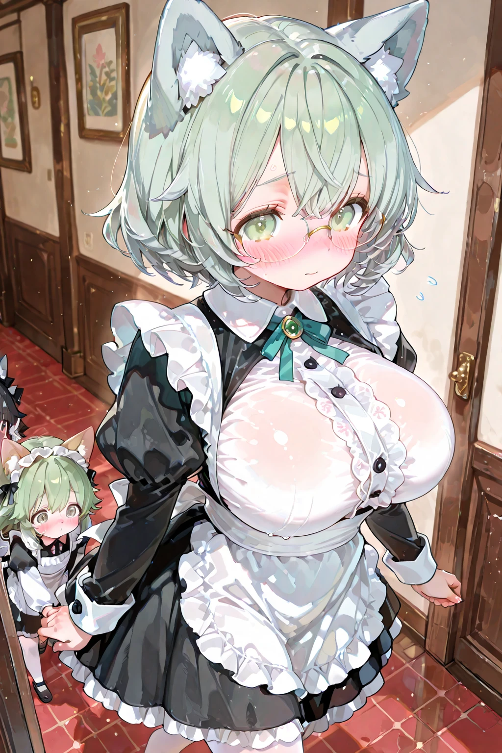 score_9, score_8_up, score_7_up, source_anime, 1girl, light green hair, very short hair, green eyes, cat ears, ??????????????, eyeglasses, curvy body, micro ?????? maid, headdress, blouse, skirt, apron, ??????, jitome, ????????, fat man, ?????, pov, from above, private room, mansion,