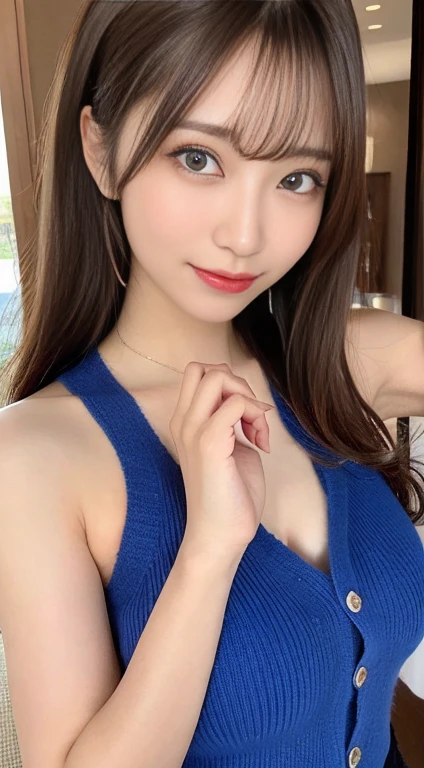 (Tabletop: 1.3), (Maximum resolution: 1.2),, (Beautiful Eyes and skin), (Detailed facial features), Hmph, Sharp focus: 1.2, Perfect Style, Beautiful Face, Perfect body、Highly detailed face and skin texture, Beautiful Eyes, Dark blue eyes, : 1.2, Natural Cheeks, Shiny skin, Fair skin: 1.2, Small shiny necklace and earrings, (Glossy Lips: 1.Very cute 20 year old woman), (Captivating smile: 1.2), (length, Straight hair, bangs), (Light brown hair:1.2), Medium ,、Soft 、plump 、(Full Body Shot)　Leaning forward to emphasize the  pose、Shyness、Kamimei、flare skirt、Off-the-shoulder knit、Tight mini skirt、look back、Sit on the beach