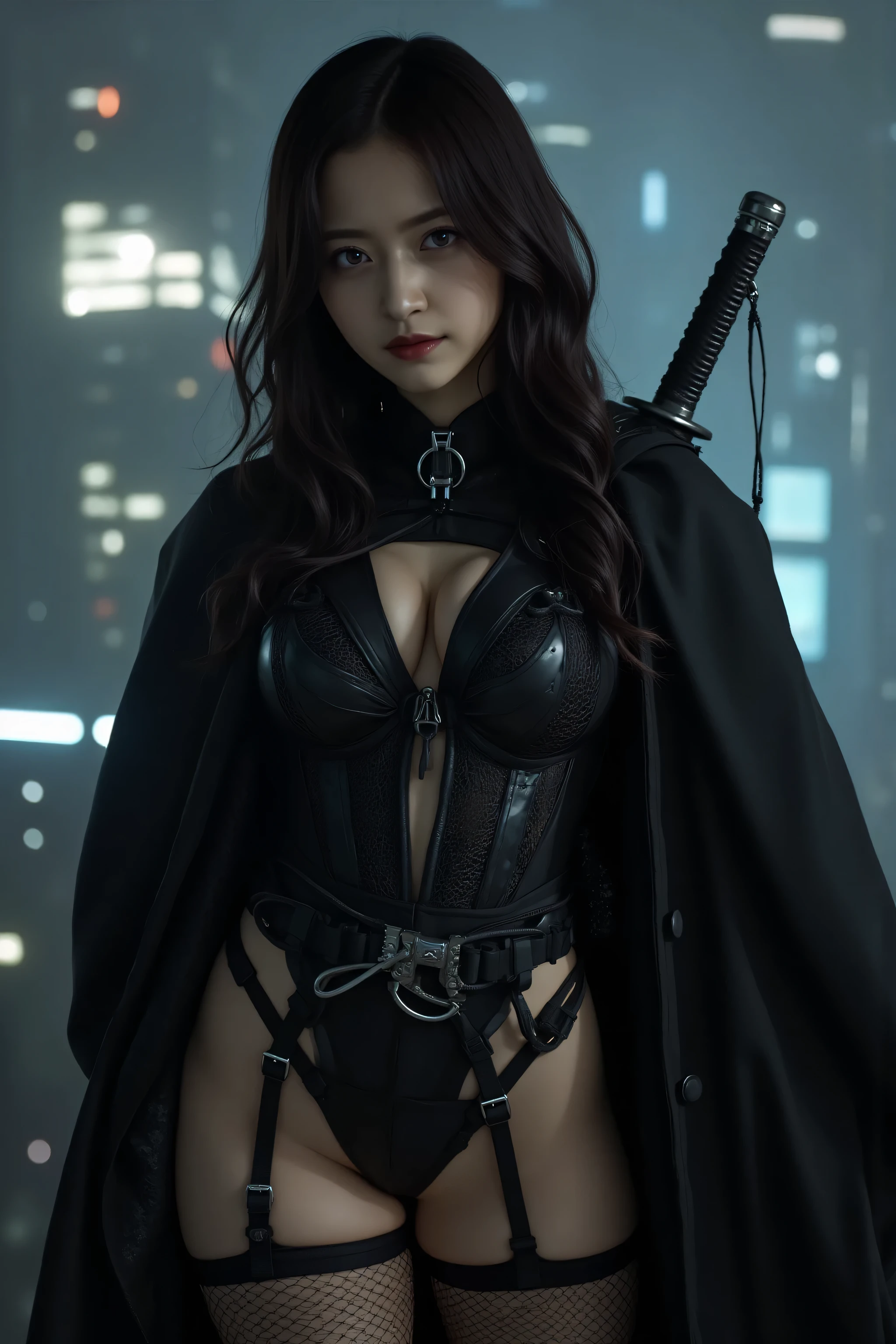 (((Midnight Future City Rooftop:2.0))),(((HR Giger-esque cyberpunk atmosphere:2.0))),(((Holding a cyberpunk-like Japanese sword:2.0))),standing in the teacher's house,one woman,(cute face:1.5),(Beautiful well-balanced face :1.5),(Wavy Black Hair:1.5),(beautiful eyes:1.3),glamorous shot of a 20-year-old Japanese woman,Beautiful slender body,((model body type:2.0)),((slim body:1.7)),perfect body line,ideal proportions,((BIG :2.0)),((スリーサイズ90-58-86:3.0)),((F cup :1.5)),big boobs,Bare thighs,sensual thighs,delicate body,(muscular:1.7),a harmonious posture,((Realistic depiction :1.7)),carefully depict limbs based on perfect anatomy,((super high leg leotard with astronaut style harness:2.0)),((black spacesuit-style super high-leg leotard that cuts in strongly:2.0)),((black cloak with front opening above leotard:2.0)),((Tactical Holster:1.5)),((((thick fishnet tights:2.0)))),Concept Art,(Highest Quality:1.5),(masterpiece:1.5),(超高Resolution),Resolution,UHD,(delicate depiction),carefully drawn,32k,((realistic skin texture:1.5)),(((ULTRA REALISTIC:1.5))),carefully drawn eyelashes,Highly Detailed Faces,highly detailed female hands, appearance ,very sensual,(Blurry, dim background:1.5),professional photo shoot,(Movie Lights:2.0),((Blade Runner Style Lighting:2.0))