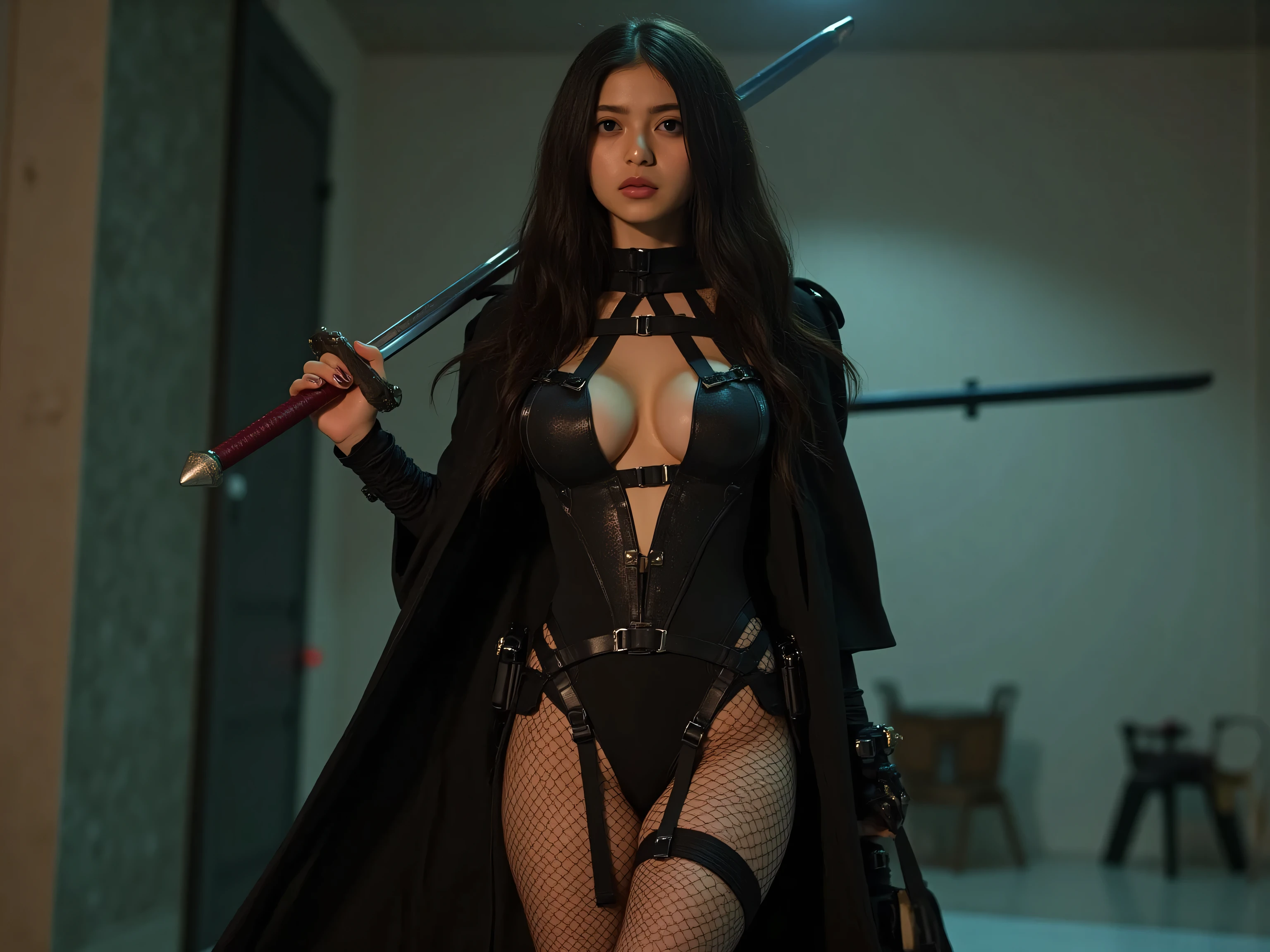 (((Midnight Future City Rooftop:2.0))),(((HR Giger-esque cyberpunk atmosphere:2.0))),(((Holding a cyberpunk-like Japanese sword:2.0))),standing in the teacher's house,one woman,(cute face:1.5),(Beautiful well-balanced face :1.5),(Wavy Black Hair:1.5),(beautiful eyes:1.3),glamorous shot of a 20-year-old Japanese woman,Beautiful slender body,((model body type:2.0)),((slim body:1.7)),perfect body line,ideal proportions,((BIG :2.0)),((スリーサイズ90-58-86:3.0)),((F cup :1.5)),big boobs,Bare thighs,sensual thighs,delicate body,(muscular:1.7),a harmonious posture,((Realistic depiction :1.7)),carefully depict limbs based on perfect anatomy,((super high leg leotard with astronaut style harness:2.0)),((black spacesuit-style super high-leg leotard that cuts in strongly:2.0)),((black cloak with front opening above leotard:2.0)),((Tactical Holster:1.5)),((((thick fishnet tights:2.0)))),((The whole round glasses)),Concept Art,(Highest Quality:1.5),(masterpiece:1.5),(超高Resolution),Resolution,UHD,(delicate depiction),carefully drawn,32k,((realistic skin texture:1.5)),(((ULTRA REALISTIC:1.5))),carefully drawn eyelashes,Highly Detailed Faces,highly detailed female hands, appearance ,very sensual,(Blurry, dim background:1.5),professional photo shoot,(Movie Lights:2.0),((Blade Runner Style Lighting:2.0))