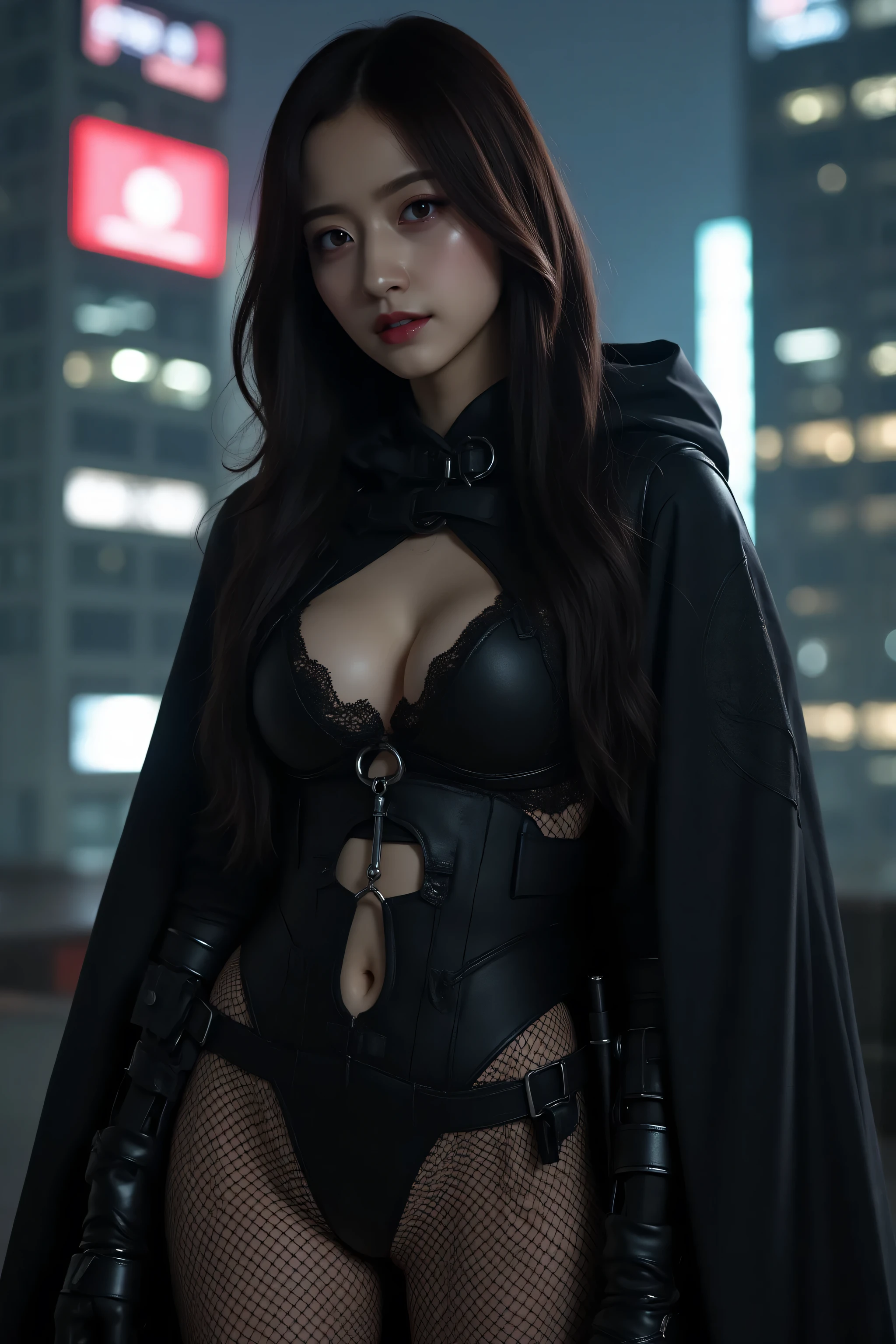(((Midnight Future City Rooftop:2.0))),(((HR Giger-esque cyberpunk atmosphere:2.0))),(((Holding a cyberpunk-like Japanese sword:2.0))),standing in the teacher's house,one woman,(cute face:1.5),(Beautiful well-balanced face :1.5),(Wavy Black Hair:1.5),(beautiful eyes:1.3),glamorous shot of a 20-year-old Japanese woman,Beautiful slender body,((model body type:2.0)),((slim body:1.7)),perfect body line,ideal proportions,((BIG BREASTS:2.0)),((スリーサイズ90-58-86:3.0)),((F cup chest:1.5)),big boobs,Bare thighs,sensual thighs,delicate body,(muscular:1.7),a harmonious posture,((Realistic breast depiction :1.7)),carefully depict limbs based on perfect anatomy,((super high leg leotard with astronaut style harness:2.0)),((black spacesuit-style super high-leg leotard that cuts in strongly:2.0)),((black cloak with front opening above leotard:2.0)),((Tactical Holster:1.5)),((((thick fishnet tights:2.0)))),Concept Art,(Highest Quality:1.5),(masterpiece:1.5),(超高Resolution),Resolution,UHD,(delicate depiction),carefully drawn,32k,((realistic skin texture:1.5)),(((ULTRA REALISTIC:1.5))),carefully drawn eyelashes,Highly Detailed Faces,highly detailed female hands, Sexy appearance ,very sensual,(Blurry, dim background:1.5),professional photo shoot,(Movie Lights:2.0),((Blade Runner Style Lighting:2.0))
