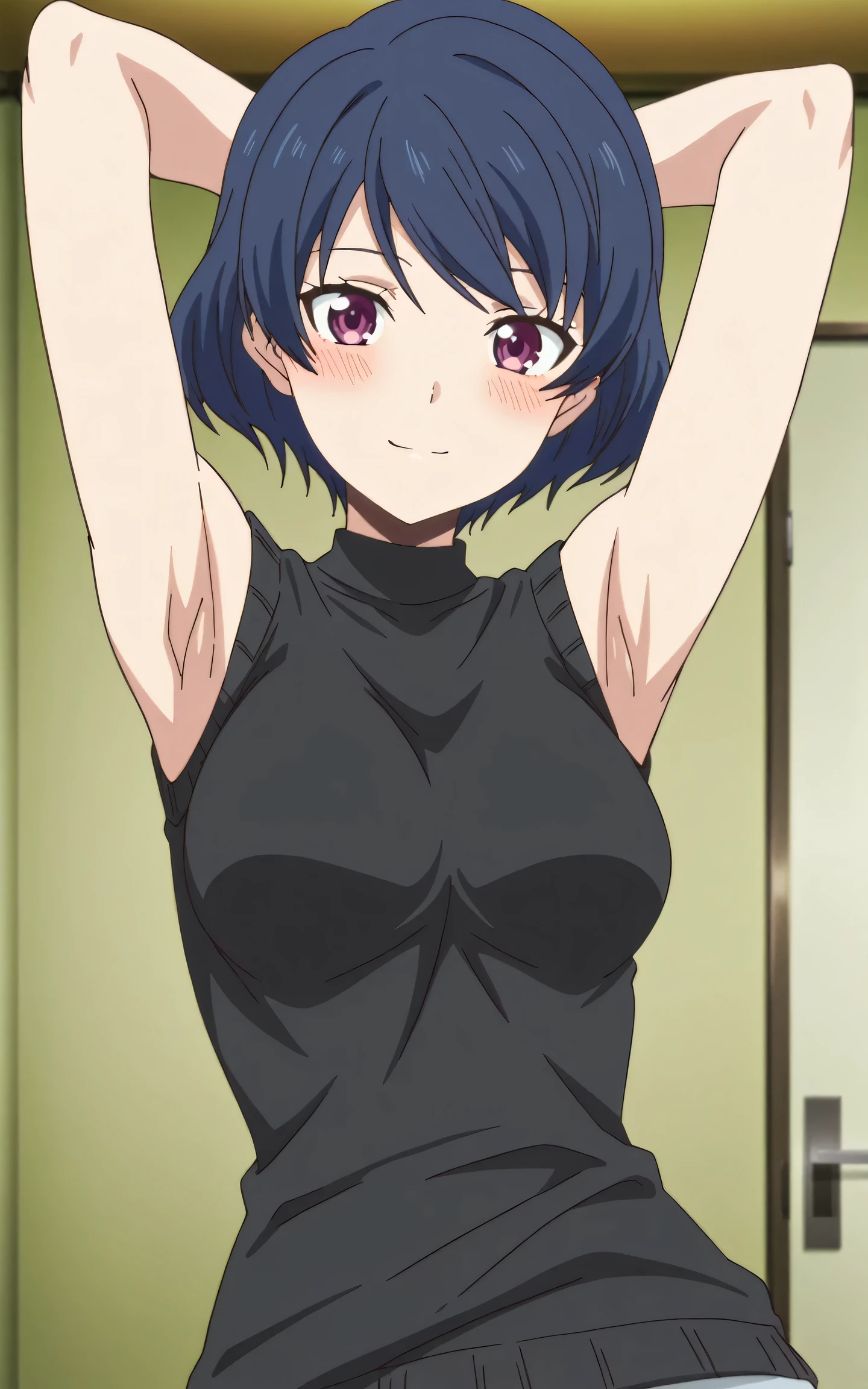 masterpiece, best quality, amazing quality, anime screencap, anime coloring, 1girl, solo, tachibana rui, , short hair, blue hair, choppy bangs, purple eyes, black sweater, sleeveless sweater, shoulders, arms, arms behind head, armpits, armpits focus, head towards viewer, looking at viewer, light smile, blush, closed mouth, indoors