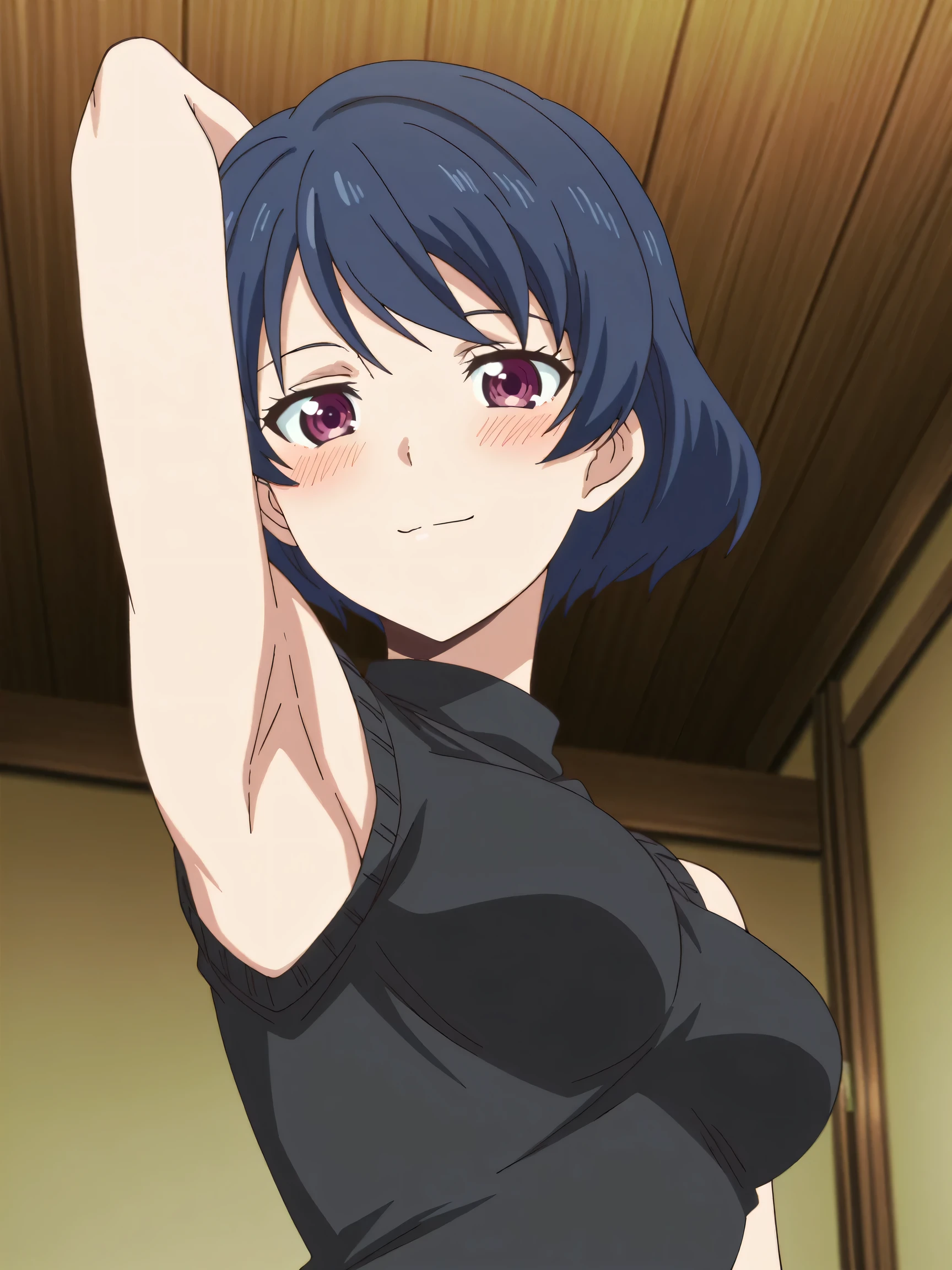 masterpiece, best quality, amazing quality, anime screencap, anime coloring, 1girl, solo, tachibana rui, , short hair, blue hair, choppy bangs, purple eyes, black sweater, sleeveless sweater, shoulders, arms, arm behind head, armpit, armpit focus, head towards viewer, looking at viewer, light smile, blush, closed mouth, indoors, from side, from below