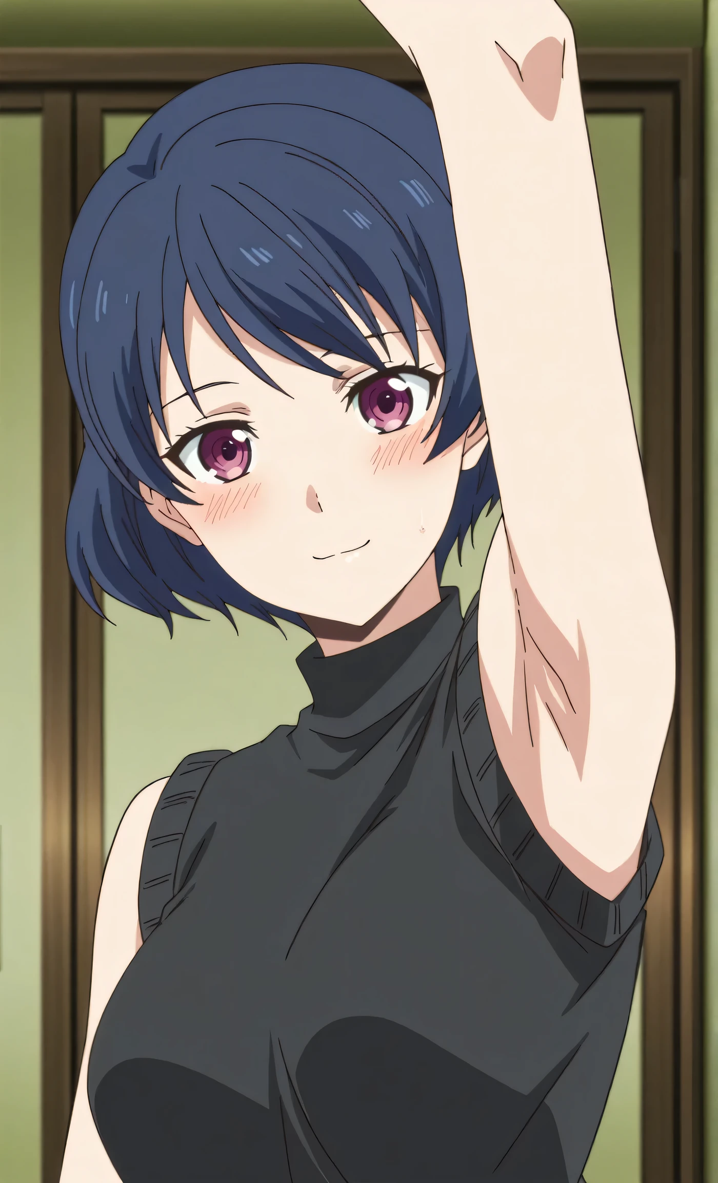 masterpiece, best quality, amazing quality, anime screencap, anime coloring, 1girl, solo, tachibana rui, , short hair, blue hair, choppy bangs, purple eyes, black sweater, sleeveless sweater, shoulders, arms, arm up, raised arm, armpit, armpit focus, head towards viewer, looking at viewer, light smile, blush, closed mouth, indoors,