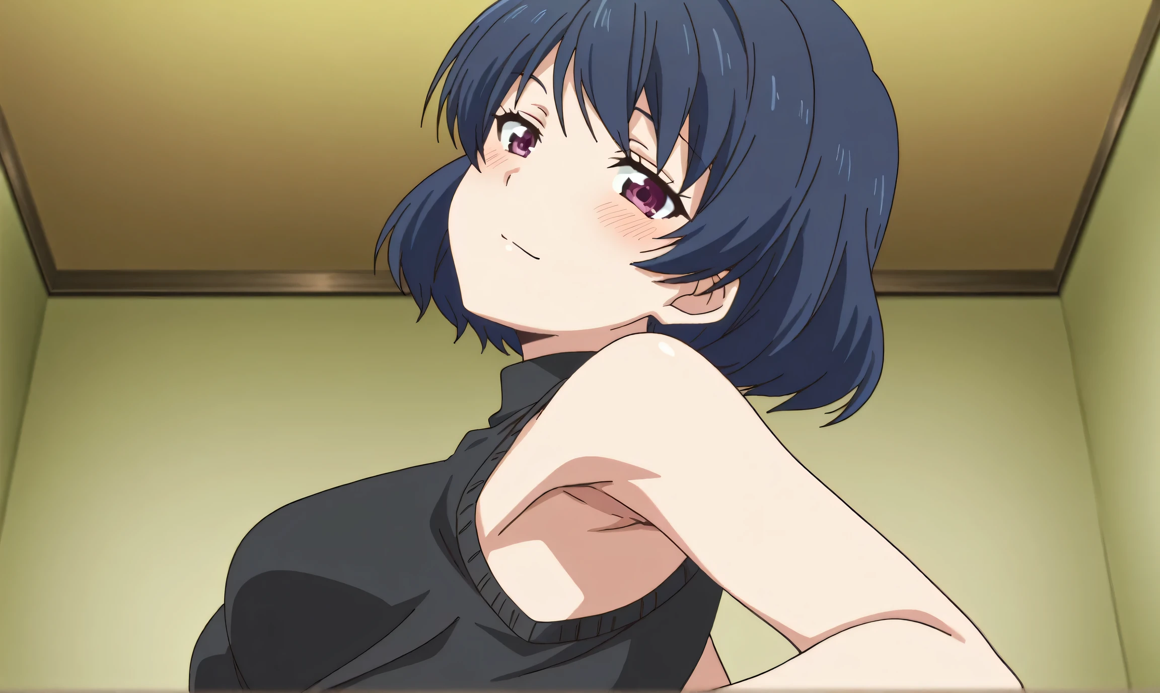 masterpiece, best quality, amazing quality, anime screencap, anime coloring, 1girl, solo, tachibana rui, , short hair, blue hair, choppy bangs, purple eyes, black sweater, sleeveless sweater, shoulders, arms, armpit, armpit focus, head towards viewer, looking at viewer, light smile, blush, closed mouth, indoors, from side, from below,