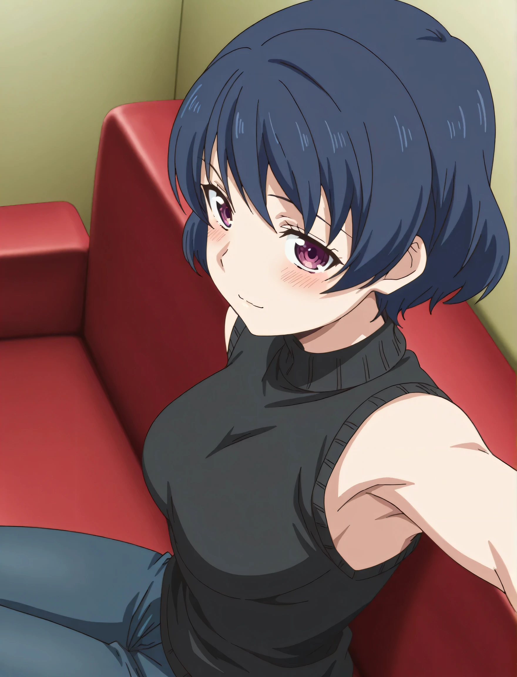 masterpiece, best quality, amazing quality, anime screencap, anime coloring, 1girl, solo, tachibana rui, , short hair, blue hair, choppy bangs, purple eyes, black sweater, sleeveless sweater, shoulders, arms, armpit, armpit focus, head towards viewer, looking at viewer, light smile, blush, closed mouth, indoors, from side, from above, sitting on a red sofa, jeans