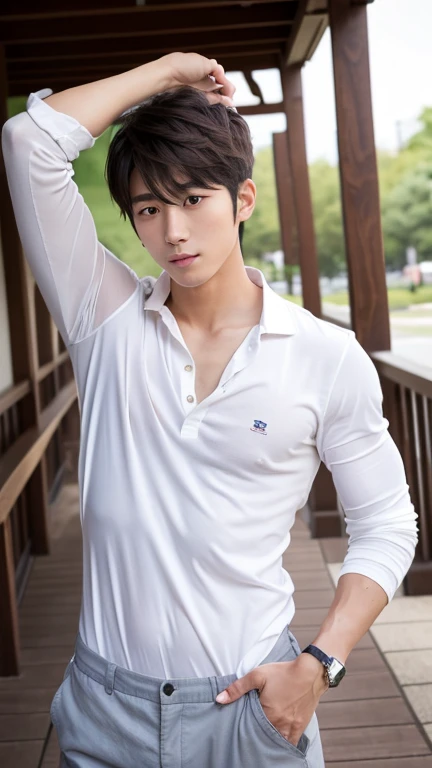 A handsome young Chinese man stands by the Jiande River at dusk, with a gentle mist rising from the water. He has a thoughtful expression, his gaze directed towards the horizon. His hair is straight with natural bangs, and his face is clean-shaven, giving him a youthful and fresh appearance reminiscent of popular social media influencers.

The man has a muscular build with huge, plump pecs, emphasizing his strong and athletic physique. He is dressed simply, blending seamlessly into the soft, natural background. The scene is depicted in the style of Impressionism, with soft, pastel colors and a hazy, dreamy quality. The sky and river, reflecting the hues of the setting sun, are painted in pale oranges, pinks, and blues.

In the background, the vast wilderness stretches out, with the sky seemingly touching the distant trees. The clear river, illuminated by the moonlight, appears almost like a dear friend, close and comforting. The brushstrokes are light and airy, capturing the tranquility and subtle beauty of the moment, creating a serene and gentle atmosphere.

The composition is designed from a "boyfriend perspective," with the young man in a sensual pose, focusing on his chest and face, and using a POV from below to create a dynamic and immersive effect. This perspective enhances the intimate and engaging quality of the artwork.
((depth of field)),((open and vast place)),telephoto lens,(((close-up))),(chest focus),(((perspective from below))),(simple background),(simple color),((blurry)),(horizon),
 1boy,cool guy,peaceful,((floating short hair)),((((bangs)))),(((soft clean hair))),(((silky skin))) ,((smooth skin)) ,clean body,(clean face),((smooth face)),(natural pretty face),((adam's apple)),((solo)),(teenage),(wind),(chin up),(hopeful),
((skin tight )),(mini white shirt),((see-through)),,muscular,(broad shoulders),((huge wide chest)),(((huge plump chest))),((bursting chest)),(((huge muscle ))),(((hyper  pecs))),(bodybuilder),((beautiful cleavage)),