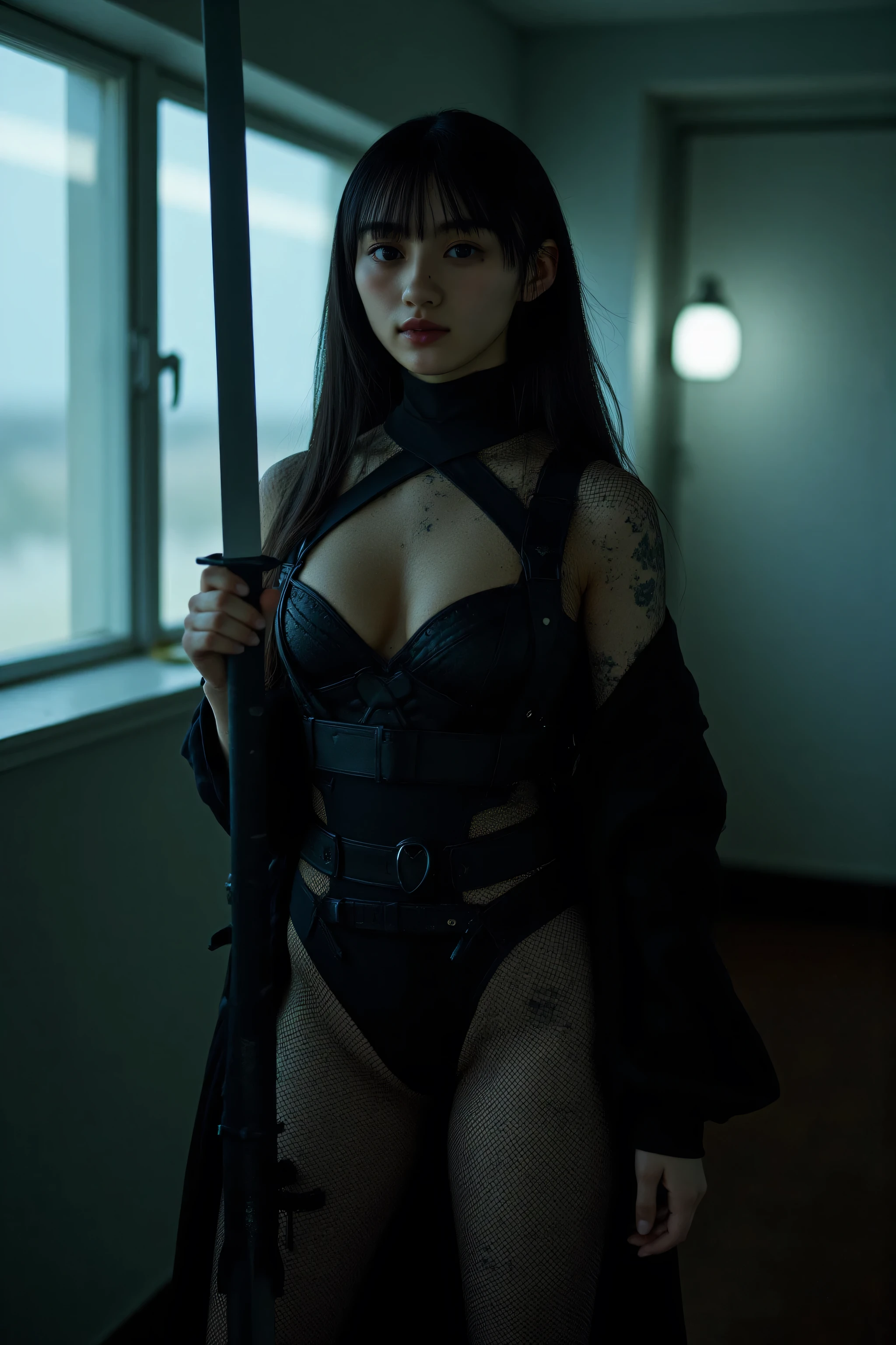 (((Midnight Future City Rooftop:2.0))),(((HR Giger-esque cyberpunk atmosphere:2.0))),(((Holding a cyberpunk-like Japanese sword:2.0))),standing in the teacher's house,one woman,(cute face:1.5),(Beautiful well-balanced face :1.5),(Wavy Black Hair:1.5),(beautiful eyes:1.3),glamorous shot of a 20-year-old Japanese woman,Beautiful slender body,((model body type:2.0)),((slim body:1.7)),perfect body line,ideal proportions,((BIG BREASTS:2.0)),((スリーサイズ90-58-86:3.0)),((F cup chest:1.5)),big boobs,Bare thighs,sensual thighs,delicate body,(muscular:1.7),a harmonious posture,((Realistic breast depiction :1.7)),carefully depict limbs based on perfect anatomy,((super high leg leotard with astronaut style harness:2.0)),((black spacesuit-style super high-leg leotard that cuts in strongly:2.0)),((black cloak with front opening above leotard:2.0)),((Tactical Holster:1.5)),((((thick fishnet tights:2.0)))),((The whole round glasses)),Concept Art,(Highest Quality:1.5),(masterpiece:1.5),(超高Resolution),Resolution,UHD,(delicate depiction),carefully drawn,32k,((realistic skin texture:1.5)),(((ULTRA REALISTIC:1.5))),carefully drawn eyelashes,Highly Detailed Faces,highly detailed female hands, Sexy appearance ,very sensual,(Blurry, dim background:1.5),professional photo shoot,(Movie Lights:2.0),((Blade Runner Style Lighting:2.0))
