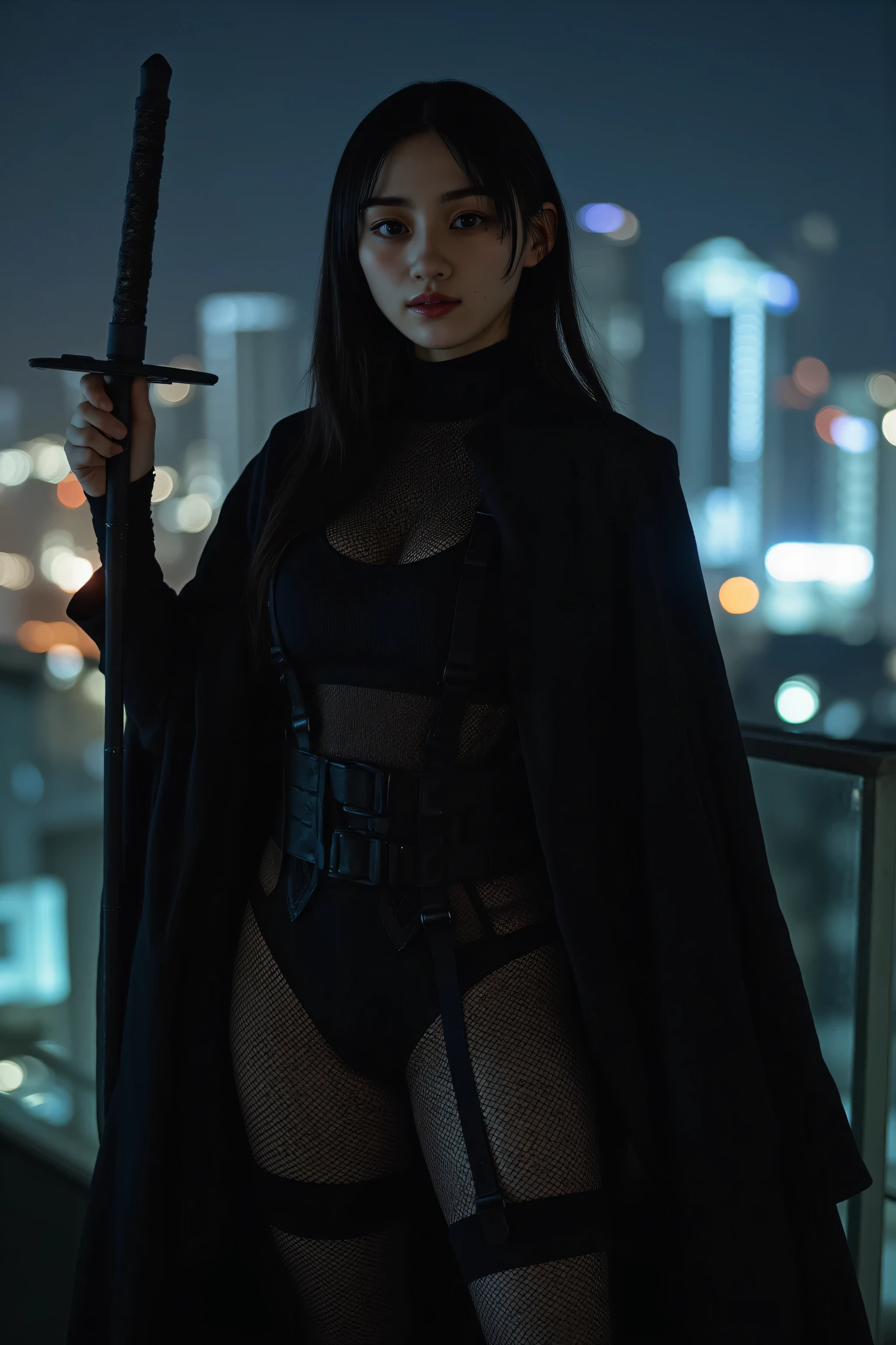 (((Midnight Future City Rooftop:2.0))),(((HR Giger-esque cyberpunk atmosphere:2.0))),(((Holding a cyberpunk-like Japanese sword:2.0))),standing in the teacher's house,one woman,(cute face:1.5),(Beautiful well-balanced face :1.5),(Wavy Black Hair:1.5),(beautiful eyes:1.3),glamorous shot of a 20-year-old Japanese woman,Beautiful slender body,((model body type:2.0)),((slim body:1.7)),perfect body line,ideal proportions,((BIG :2.0)),((スリーサイズ90-58-86:3.0)),((F cup :1.5)),big boobs,Bare thighs,sensual thighs,delicate body,(muscular:1.7),a harmonious posture,((Realistic depiction :1.7)),carefully depict limbs based on perfect anatomy,((super high leg leotard with astronaut style harness:2.0)),((black spacesuit-style super high-leg leotard that cuts in strongly:2.0)),((black cloak with front opening above leotard:2.0)),((Tactical Holster:1.5)),((((thick fishnet tights:2.0)))),((The whole round glasses)),Concept Art,(Highest Quality:1.5),(masterpiece:1.5),(超高Resolution),Resolution,UHD,(delicate depiction),carefully drawn,32k,((realistic skin texture:1.5)),(((ULTRA REALISTIC:1.5))),carefully drawn eyelashes,Highly Detailed Faces,highly detailed female hands, appearance ,very sensual,(Blurry, dim background:1.5),professional photo shoot,(Movie Lights:2.0),((Blade Runner Style Lighting:2.0))