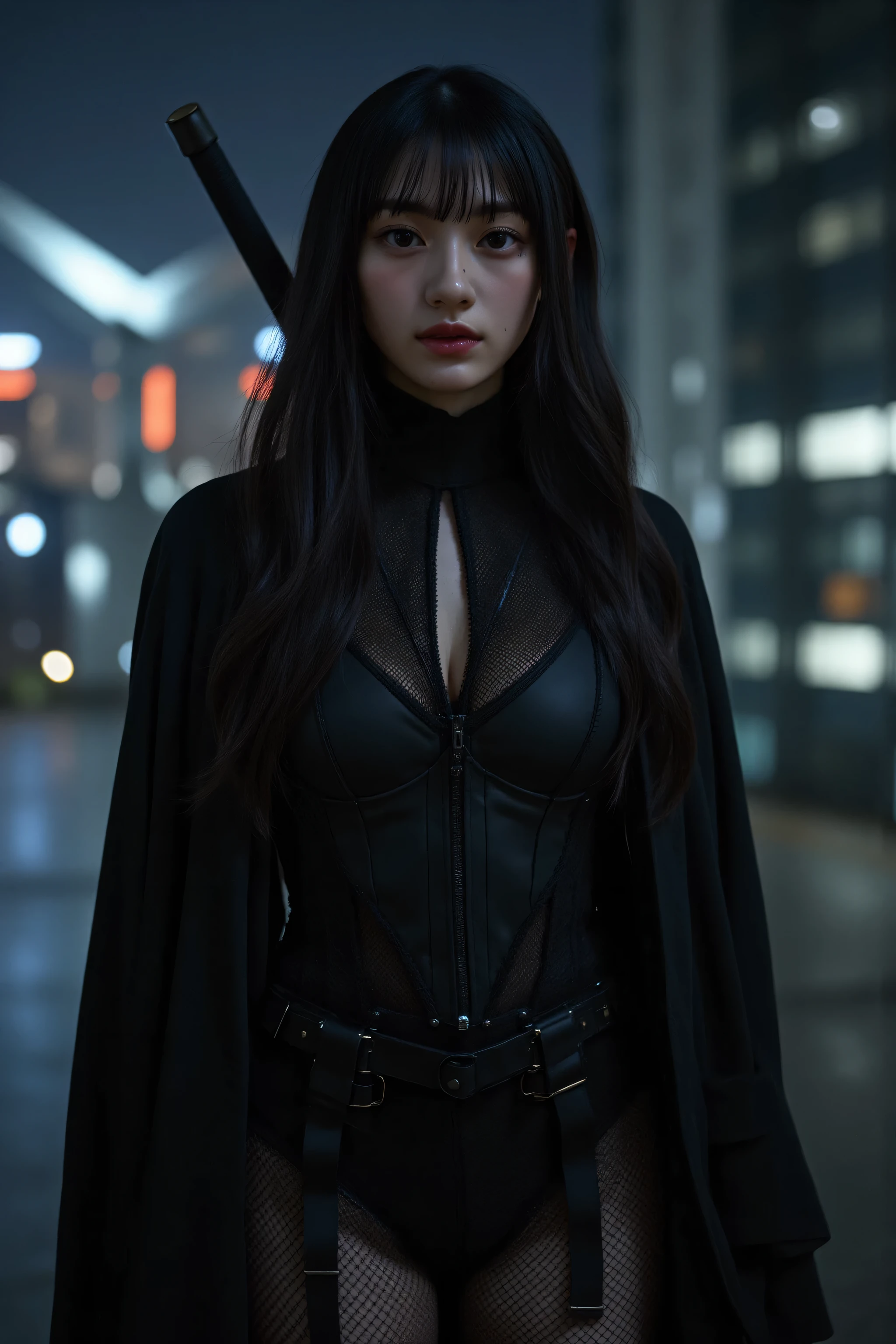 (((Midnight Future City Rooftop:2.0))),(((HR Giger-esque cyberpunk atmosphere:2.0))),(((Holding a cyberpunk-like Japanese sword:2.0))),standing in the teacher's house,one woman,(cute face:1.5),(Beautiful well-balanced face :1.5),(Wavy Black Hair:1.5),(beautiful eyes:1.3),glamorous shot of a 20-year-old Japanese woman,Beautiful slender body,((model body type:2.0)),((slim body:1.7)),perfect body line,ideal proportions,((BIG BREASTS:2.0)),((スリーサイズ90-58-86:3.0)),((F cup chest:1.5)),big boobs,Bare thighs,sensual thighs,delicate body,(muscular:1.7),a harmonious posture,((Realistic breast depiction :1.7)),carefully depict limbs based on perfect anatomy,((super high leg leotard with astronaut style harness:2.0)),((black spacesuit-style super high-leg leotard that cuts in strongly:2.0)),((black cloak with front opening above leotard:2.0)),((Tactical Holster:1.5)),((((thick fishnet tights:2.0)))),((The whole round glasses)),Concept Art,(Highest Quality:1.5),(masterpiece:1.5),(超高Resolution),Resolution,UHD,(delicate depiction),carefully drawn,32k,((realistic skin texture:1.5)),(((ULTRA REALISTIC:1.5))),carefully drawn eyelashes,Highly Detailed Faces,highly detailed female hands, Sexy appearance ,very sensual,(Blurry, dim background:1.5),professional photo shoot,(Movie Lights:2.0),((Blade Runner Style Lighting:2.0))