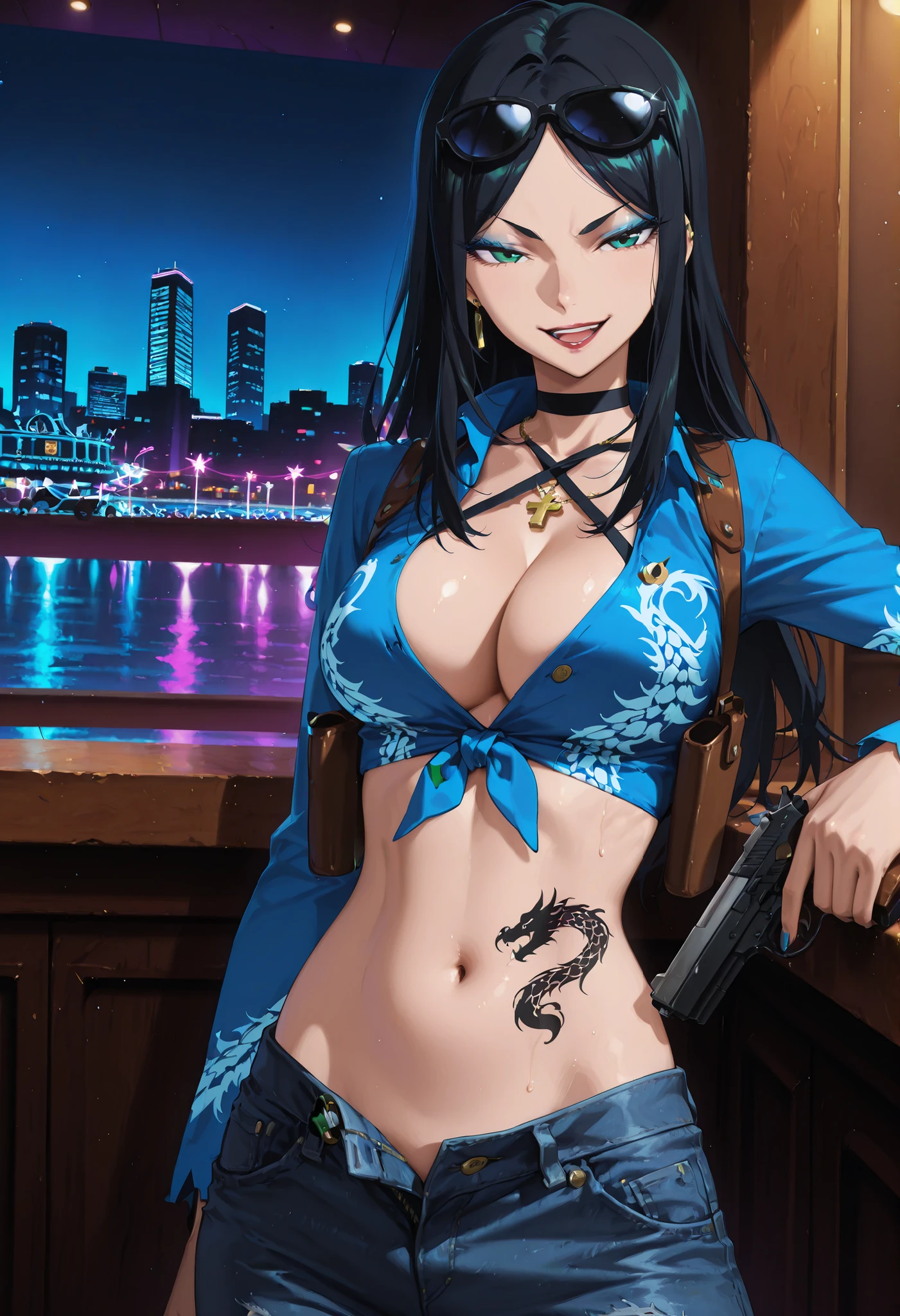m1n1eb,1girl,solo,black hair,long hair,,blue eyeshadow,dark green eyes,lipstick,
nail polish , , makeup , ear piercing , long hair , lipstick , Hot girl , baddie , smoking , sensual , attractive , choker , cross necklace ,bar background, inside bar, indoors, cityscape, casino, nightclub, city lights,, necklace, bar background, inside bar, indoors, cityscape, casino, nightclub, city lights,,
pull_down jeans(show off panties,:1.2, no panties),masterpiece,high
quality,4k,belly,,holding pistol,cleavage, tied shirt,,unbuttoned shirt, collared shirt, knot,
smile, open mouth, (nsfw) not safe for work, evil expression,belly, exposed navel, exposed
midriff, exposed lower belly,dragon print jacket, unbuttoned jeans , low rise black jeans,
Low rise jeans with open fly, motorcycle jacket, criss-cross halter with center opening,
shoulder holster, ,, sunglasses on head,, medium large breast ,looking at viewer , dragon tattoo on waist, narrowed eyes, tattoo on waist, anipai_style , anime screencap , anime coloring, v-shape eyebrows,