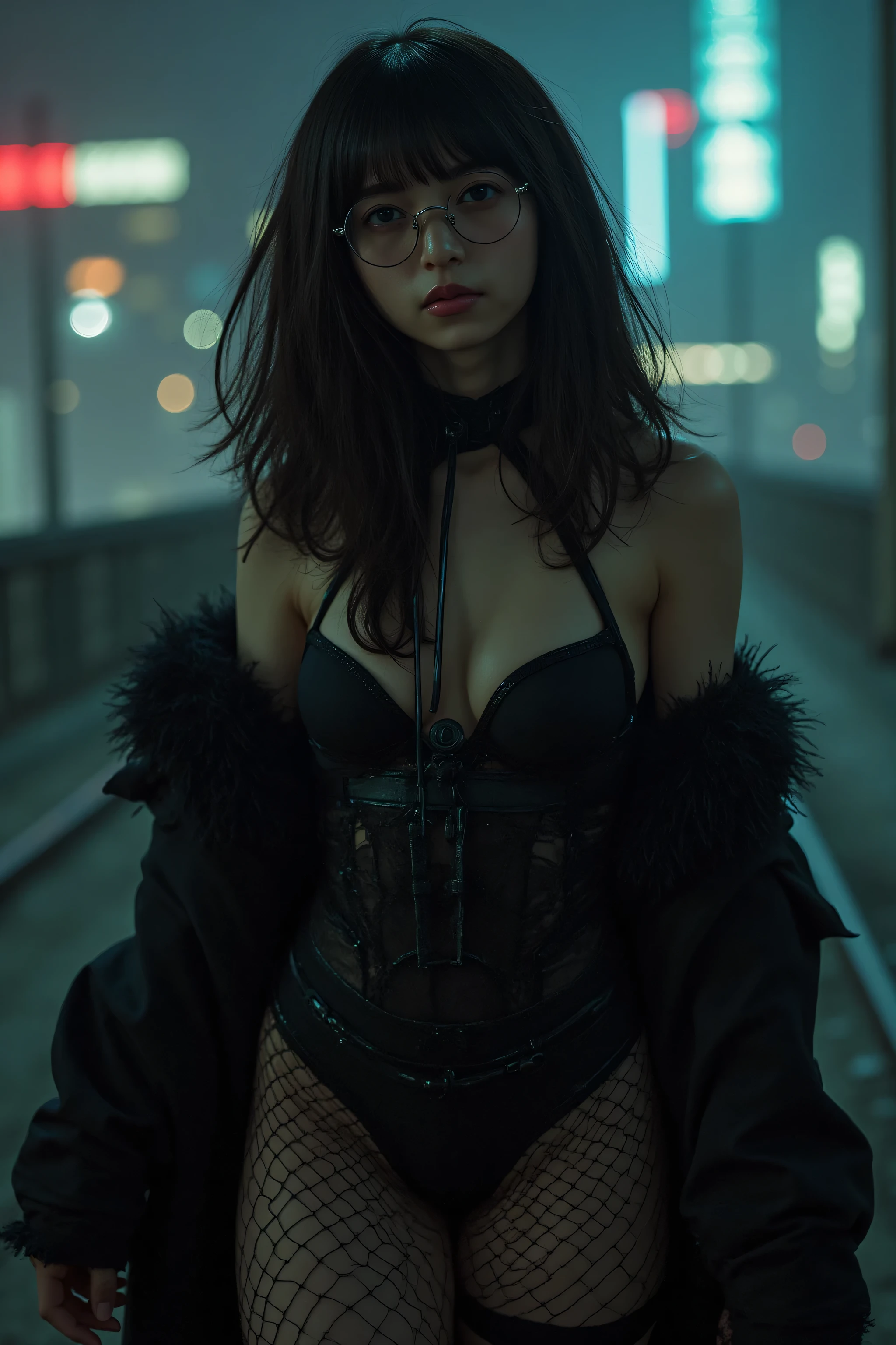 (((Midnight Future City Rooftop:2.0))),(((HR Giger-esque cyberpunk atmosphere:2.0))),(((Holding a cyberpunk-like Japanese sword:2.0))),standing in the teacher's house,one woman,(cute face:1.5),(Beautiful well-balanced face :1.5),(Wavy Black Hair:1.5),(beautiful eyes:1.3),glamorous shot of a 20-year-old Japanese woman,Beautiful slender body,((model body type:2.0)),((slim body:1.7)),perfect body line,ideal proportions,((BIG BREASTS:2.0)),((スリーサイズ90-58-86:3.0)),((F cup chest:1.5)),big boobs,Bare thighs,sensual thighs,delicate body,(muscular:1.7),a harmonious posture,((Realistic breast depiction :1.7)),carefully depict limbs based on perfect anatomy,((super high leg leotard with astronaut style harness:2.0)),((black spacesuit-style super high-leg leotard that cuts in strongly:2.0)),((black cloak with front opening above leotard:2.0)),((Tactical Holster:1.5)),((((thick fishnet tights:2.0)))),((The whole round glasses:2.0)),Concept Art,(Highest Quality:1.5),(masterpiece:1.5),(超高Resolution),Resolution,UHD,(delicate depiction),carefully drawn,32k,((realistic skin texture:1.5)),(((ULTRA REALISTIC:1.5))),carefully drawn eyelashes,Highly Detailed Faces,highly detailed female hands, Sexy appearance ,very sensual,(Blurry, dim background:1.5),professional photo shoot,(Movie Lights:2.0),((Blade Runner Style Lighting:2.0))