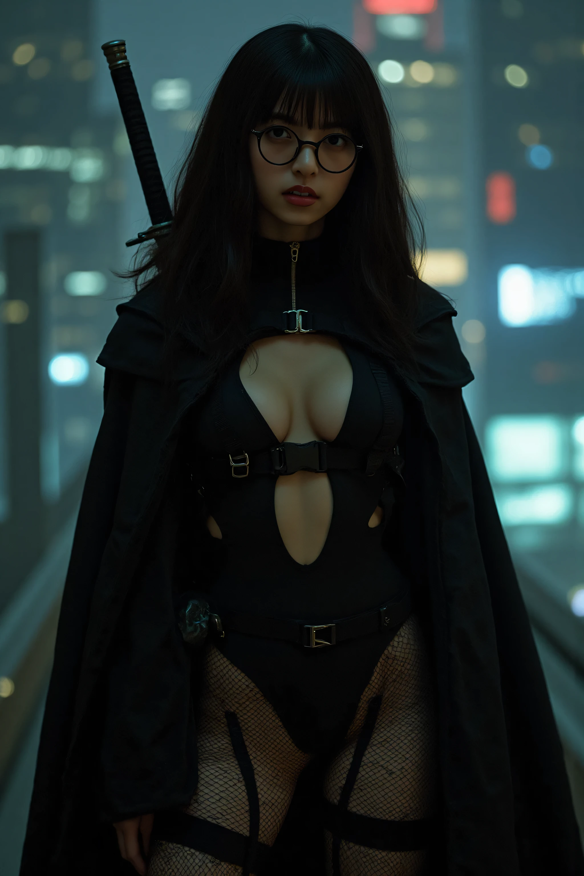 (((Midnight Future City Rooftop:2.0))),(((HR Giger-esque cyberpunk atmosphere:2.0))),(((Holding a cyberpunk-like Japanese sword:2.0))),standing in the teacher's house,one woman,(cute face:1.5),(Beautiful well-balanced face :1.5),(Wavy Black Hair:1.5),(beautiful eyes:1.3),glamorous shot of a 20-year-old Japanese woman,Beautiful slender body,((model body type:2.0)),((slim body:1.7)),perfect body line,ideal proportions,((BIG BREASTS:2.0)),((スリーサイズ90-58-86:3.0)),((F cup chest:1.5)),big boobs,Bare thighs,sensual thighs,delicate body,(muscular:1.7),a harmonious posture,((Realistic breast depiction :1.7)),carefully depict limbs based on perfect anatomy,((super high leg leotard with astronaut style harness:2.0)),((black spacesuit-style super high-leg leotard that cuts in strongly:2.0)),((black cloak with front opening above leotard:2.0)),((Tactical Holster:1.5)),((((thick fishnet tights:2.0)))),((The whole round glasses:2.0)),Concept Art,(Highest Quality:1.5),(masterpiece:1.5),(超高Resolution),Resolution,UHD,(delicate depiction),carefully drawn,32k,((realistic skin texture:1.5)),(((ULTRA REALISTIC:1.5))),carefully drawn eyelashes,Highly Detailed Faces,highly detailed female hands, Sexy appearance ,very sensual,(Blurry, dim background:1.5),professional photo shoot,(Movie Lights:2.0),((Blade Runner Style Lighting:2.0))