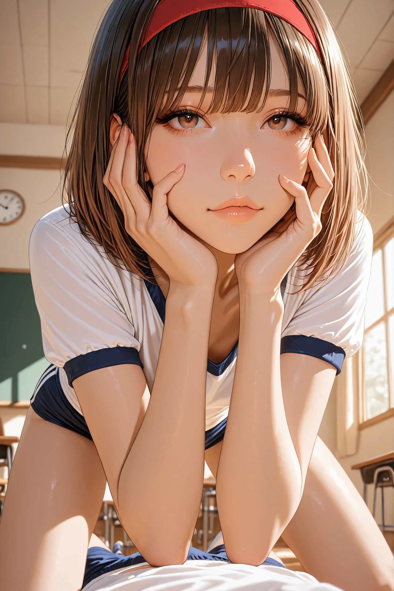 Group of 4 tall high school students wearing black leather designer bags, Proper composition, Gym Clothes,Bulma, BEAUTIFUL ILLUSTRATION, (masterpiece, detail:1.2), Beautiful Japanese Women, solo, teen, foot on the fixed table, hanging out :1.331, Maoricus, (masterpiece, detail:1.2), place your hand on your cheek, skinny, 5 Anatomically Correct Fingers, (8k, Highest Quality, masterpiece), (realistic, Super Fine Clear), round face, dark brown hair, bob cut hair, long bangs, realistic Light, flat , Detailed Skin, close-up, facing, school gym clothes you want to wear, white shirt, ダークブルーのタイトBulmaー, red sports headband, upper body:0.85, Outside light shines into, Outside light shines into bright classrooms,