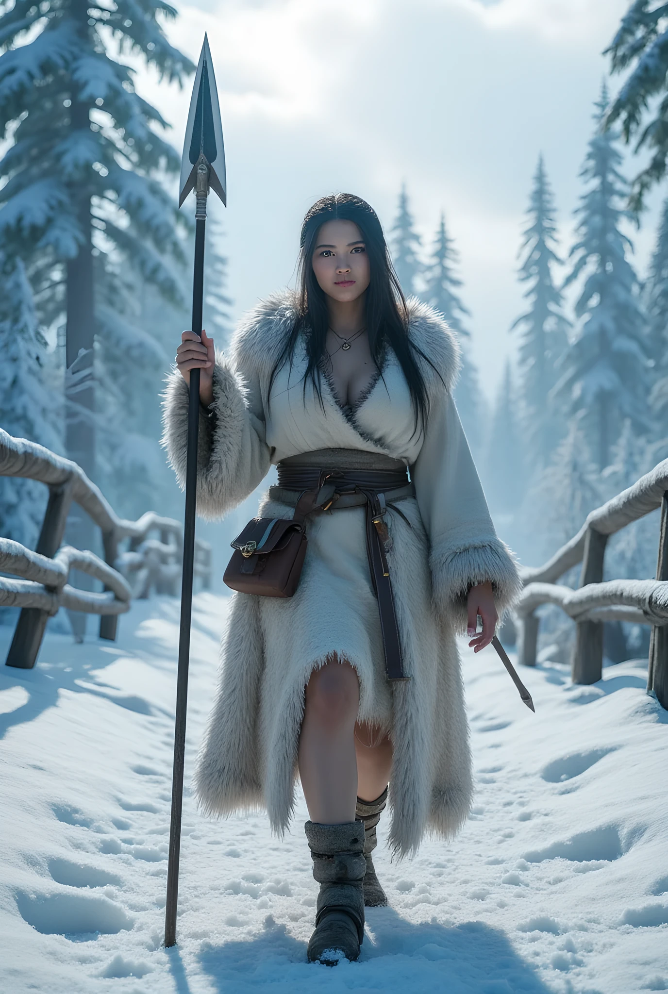 Ancient prehistoric age era, 

((Realistic cinematography ultra wide intricately angle of snowy bridge land on the landscape background)),walking body pose,((a primitive female eskimo Tribe across the land snowy bridge)),wearing fully long fur primitively fabric kimono fur dress robe,,as she holding straight shape spear,(intimidating),(perfectly fully symmetrical busty shaped),(cinematic dynamically sea surround the snowy bridge land environmental wide camera angle scenery:accurately depicted:1.3),the lively snowy depicting scenery,blue hour,realistically full depth,(cinematography dynamic angle|hyperrealistic:realistic scenery:3d texture over the scenery),,winter season,(cinematography vibe),,(dynamic image composition),(octane 3d rendering|50mm lens shot:1.3),(lifelike skin texture:lifelike thick messy hairs),(best rule of third photography composition),(best image aperture),(full details depth of field),(best shutter speed),(RAW photo image),(photorealistic|photorealism:hyperrealism style),(realistic depth 3d:cgi:1.3),(trending on cgsociety:devianart:unreal engine 5),furry,(best photography:national Geographic style), sandalPunkAi and tikiPunkAi artwork, digital art,best lighting concept,realistic fixed truly full human anatomy body, hands, and fingers anatomy, inspired by farcry5 game artwork.