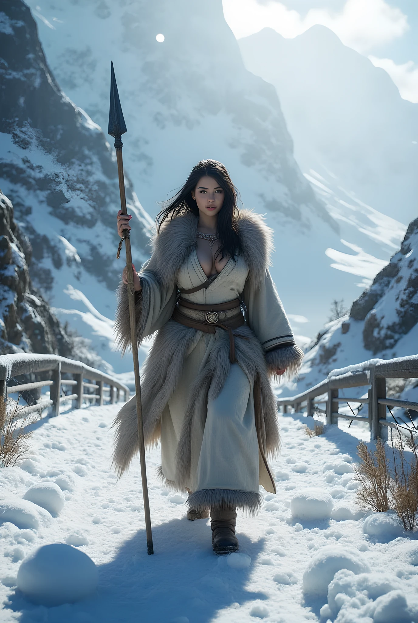 Ancient prehistoric age era,
((Realistic cinematography ultra wide intricately angle of snowy bridge land on the landscape background)),walking body pose,((a primitive female eskimo Tribe across the land snowy bridge)),wearing fully long fur primitively fabric kimono fur dress robe,,as she holding straight shape spear,(intimidating),(perfectly fully symmetrical busty shaped),(cinematic dynamically sea surround the snowy bridge land environmental wide camera angle scenery:accurately depicted:1.3),the lively snowy depicting scenery,blue hour,realistically full depth,(cinematography dynamic angle|hyperrealistic:realistic scenery:3d texture over the scenery),,winter season,(cinematography vibe),,(dynamic image composition),(octane 3d rendering|50mm lens shot:1.3),(lifelike skin texture:lifelike thick messy hairs),(best rule of third photography composition),(best image aperture),(full details depth of field),(best shutter speed),(RAW photo image),(photorealistic|photorealism:hyperrealism style),(realistic depth 3d:cgi:1.3),(trending on cgsociety:devianart:unreal engine 5),furry,(best photography:national Geographic style), sandalPunkAi and tikiPunkAi artwork, digital art,best lighting concept,realistic fixed truly full human anatomy body, hands, and fingers anatomy, inspired by farcry5 game artwork.