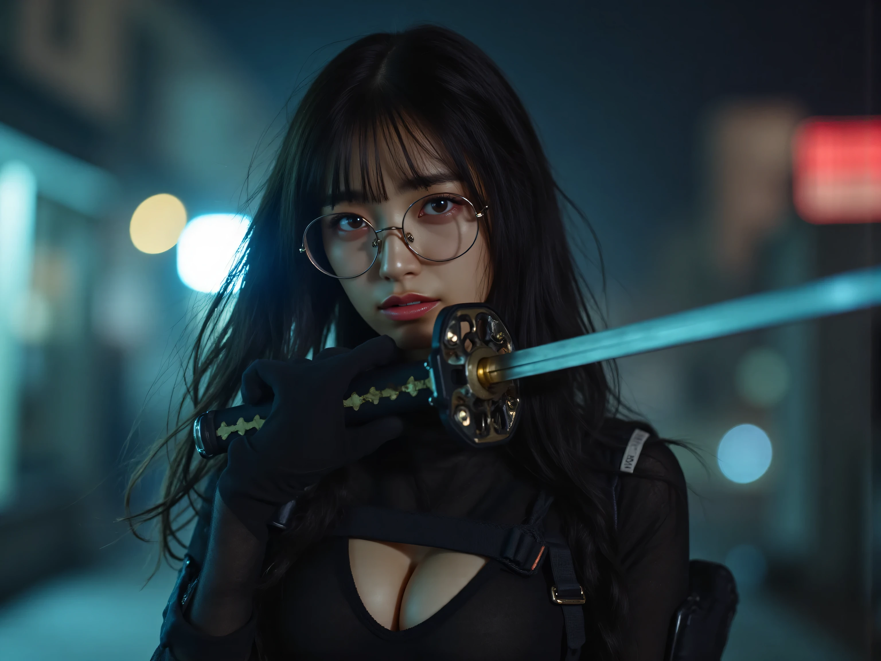 (((Midnight Future City Rooftop:2.0))),(((HR Giger-esque cyberpunk atmosphere:2.0))),(((Holding a cyberpunk-like Japanese sword:2.0))),standing in the teacher's house,one woman,(cute face:1.5),(Beautiful well-balanced face :1.5),(Wavy Black Hair:1.5),(beautiful eyes:1.3),glamorous shot of a 20-year-old Japanese woman,Beautiful slender body,((model body type:2.0)),((slim body:1.7)),perfect body line,ideal proportions,((BIG BREASTS:2.0)),((スリーサイズ90-58-86:3.0)),((F cup chest:1.5)),big boobs,Bare thighs,sensual thighs,delicate body,(muscular:1.7),a harmonious posture,((Realistic breast depiction :1.7)),carefully depict limbs based on perfect anatomy,((super high leg leotard with astronaut style harness:2.0)),((black spacesuit-style super high-leg leotard that cuts in strongly:2.0)),((black cloak with front opening above leotard:2.0)),((Tactical Holster:1.5)),((((thick fishnet tights:2.0)))),((The whole round glasses:2.0)),Concept Art,(Highest Quality:1.5),(masterpiece:1.5),(超高Resolution),Resolution,UHD,(delicate depiction),carefully drawn,32k,((realistic skin texture:1.5)),(((ULTRA REALISTIC:1.5))),carefully drawn eyelashes,Highly Detailed Faces,highly detailed female hands, Sexy appearance ,very sensual,(Blurry, dim background:1.5),professional photo shoot,(Movie Lights:2.0),((Blade Runner Style Lighting:2.0))