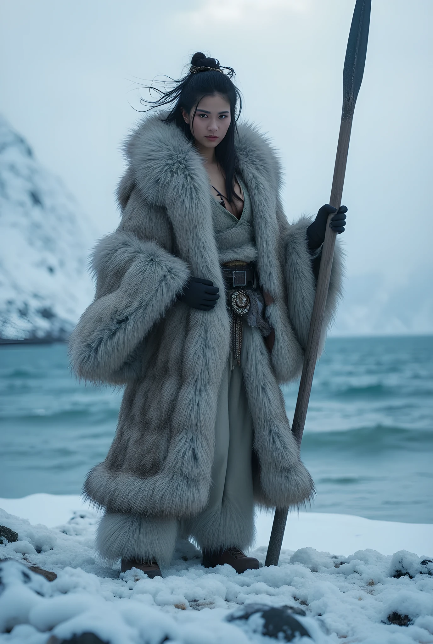 Ancient prehistoric age era,
((Realistic cinematography ultra wide intricately angle of snowy bridge land on the landscape background)),walking body pose,((a primitive female eskimo Tribe)),wearing fully long fur primitively fabric kimono fur dress, rope,,as she holding straight shape spear,(intimidating),(perfectly fully symmetrical busty shaped),(cinematic dynamically sea surround the snowy bridge land environmental wide camera angle scenery:accurately depicted:1.3),the lively snowy depicting scenery,blue hour,realistically full depth,(cinematography dynamic angle|hyperrealistic:realistic scenery:3d texture over the scenery),,winter season,(cinematography vibe),,(dynamic image composition),(octane 3d rendering|50mm lens shot:1.3),(lifelike skin texture:lifelike thick messy hairs),(best rule of third photography composition),(best image aperture),(full details depth of field),(best shutter speed),(RAW photo image),(photorealistic|photorealism:hyperrealism style),(realistic depth 3d:cgi:1.3),(trending on cgsociety:devianart:unreal engine 5),furry,(best photography:national Geographic style), sandalPunkAi and tikiPunkAi artwork, digital art,best lighting concept,realistic fixed truly full human anatomy body, hands, and fingers anatomy, inspired by farcry5 game artwork.