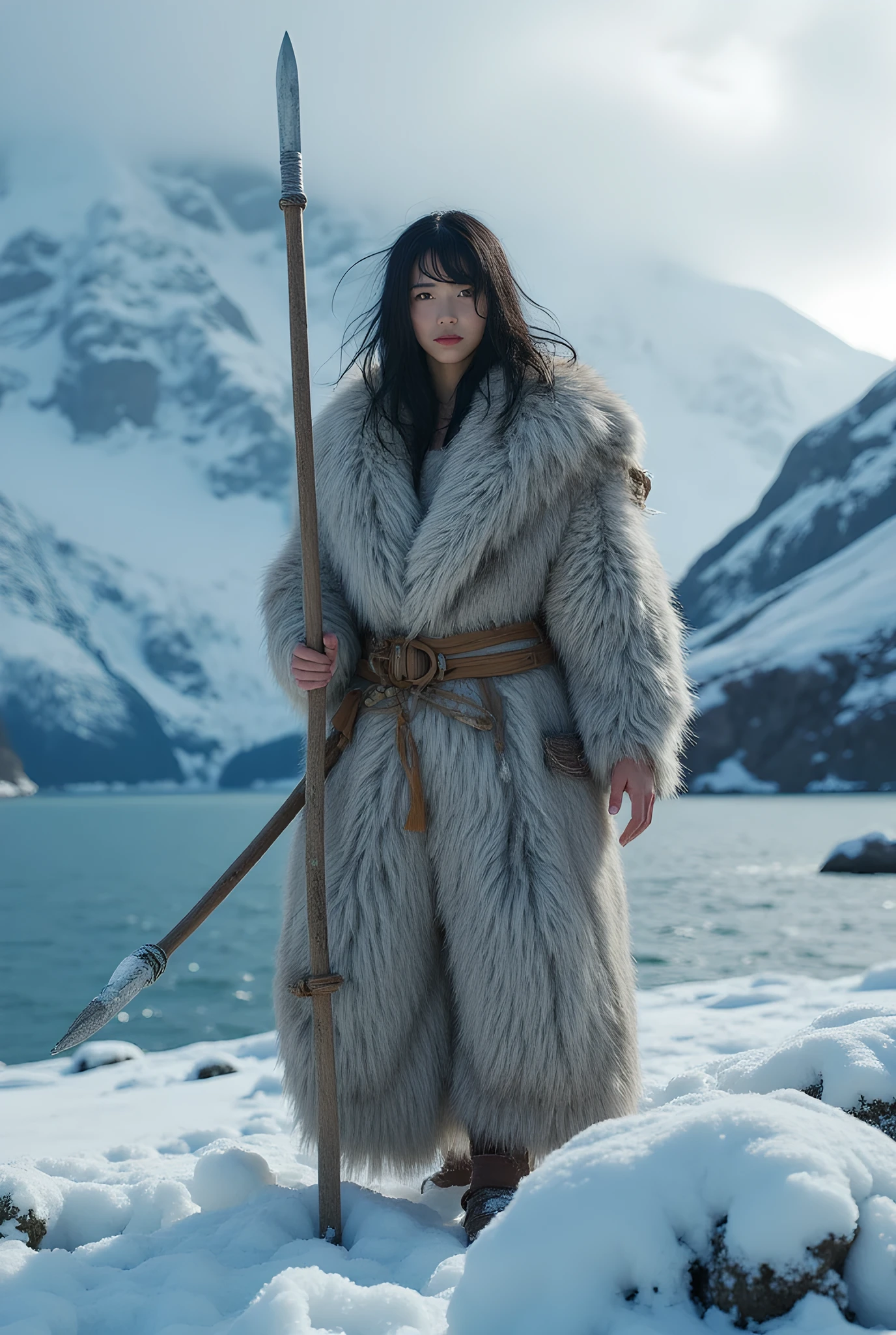 Ancient prehistoric age era, 

((Realistic cinematography ultra wide intricately angle of snowy bridge land on the landscape background)),walking body pose,((a primitive female eskimo Tribe)),wearing fully long fur primitively fabric kimono fur dress, rope,,as she holding straight shape spear,(intimidating),(perfectly fully symmetrical busty shaped),(cinematic dynamically sea surround the snowy bridge land environmental wide camera angle scenery:accurately depicted:1.3),the lively snowy depicting scenery,blue hour,realistically full depth,(cinematography dynamic angle|hyperrealistic:realistic scenery:3d texture over the scenery),,winter season,(cinematography vibe),,(dynamic image composition),(octane 3d rendering|50mm lens shot:1.3),(lifelike skin texture:lifelike thick messy hairs),(best rule of third photography composition),(best image aperture),(full details depth of field),(best shutter speed),(RAW photo image),(photorealistic|photorealism:hyperrealism style),(realistic depth 3d:cgi:1.3),(trending on cgsociety:devianart:unreal engine 5),furry,(best photography:national Geographic style), sandalPunkAi and tikiPunkAi artwork, digital art,best lighting concept,realistic fixed truly full human anatomy body, hands, and fingers anatomy, inspired by farcry5 game artwork.