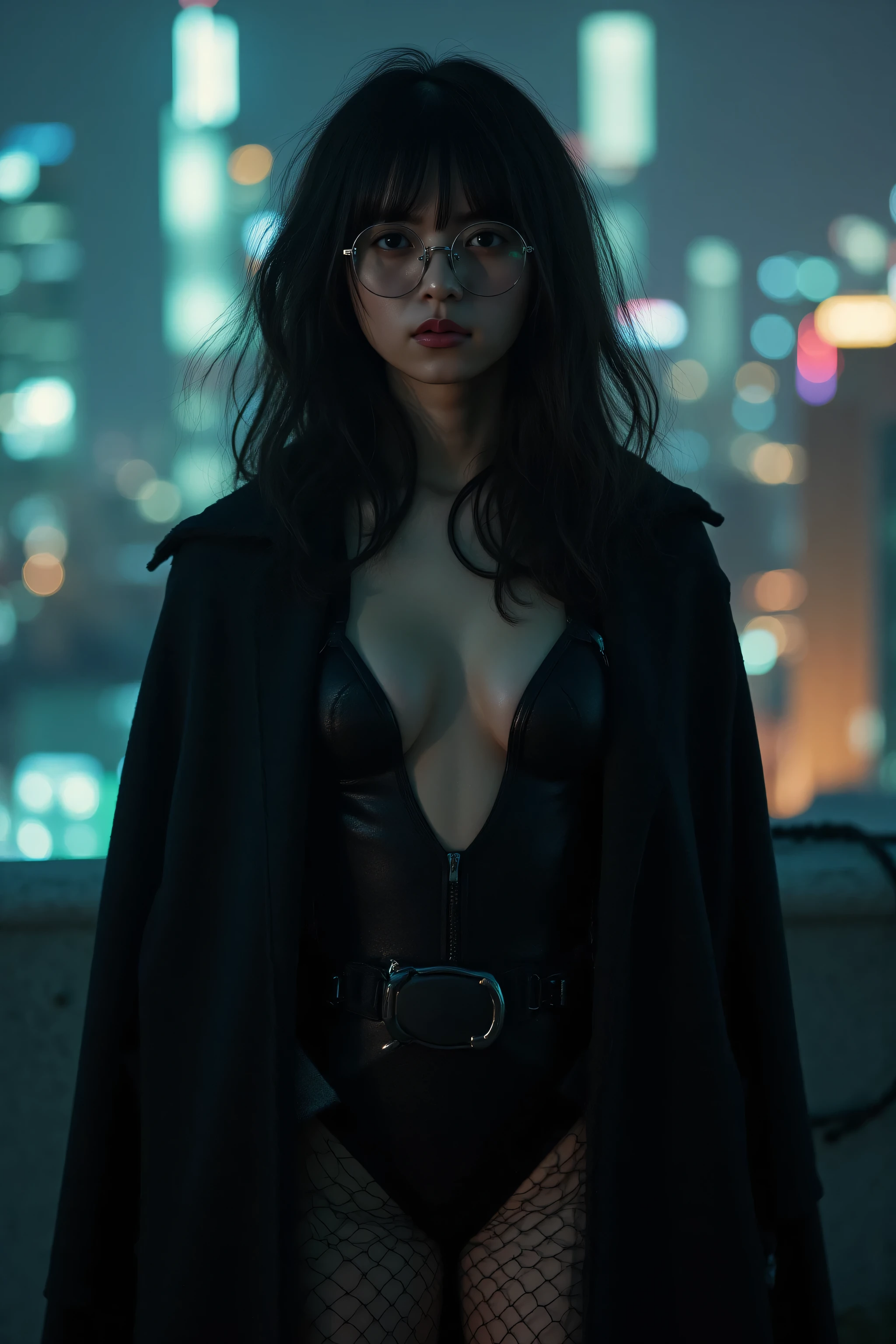 (((Midnight Future City Rooftop:2.0))),(((HR Giger-esque cyberpunk atmosphere:2.0))),(((Holding a cyberpunk-like Japanese sword:2.0))),standing in the teacher's house,one woman,(cute face:1.5),(Beautiful well-balanced face :1.5),(Wavy Black Hair:1.5),(beautiful eyes:1.3),glamorous shot of a 20-year-old Japanese woman,Beautiful slender body,((model body type:2.0)),((slim body:1.7)),perfect body line,ideal proportions,((BIG BREASTS:2.0)),((スリーサイズ90-58-86:3.0)),((F cup chest:1.5)),big boobs,Bare thighs,sensual thighs,delicate body,(muscular:1.7),a harmonious posture,((Realistic breast depiction :1.7)),carefully depict limbs based on perfect anatomy,((super high leg leotard with astronaut style harness:2.0)),((black spacesuit-style super high-leg leotard that cuts in strongly:2.0)),((black cloak with front opening above leotard:2.0)),((Tactical Holster:1.5)),((((thick fishnet tights:2.0)))),((The whole round glasses:2.0)),Concept Art,(Highest Quality:1.5),(masterpiece:1.5),(超高Resolution),Resolution,UHD,(delicate depiction),carefully drawn,32k,((realistic skin texture:1.5)),(((ULTRA REALISTIC:1.5))),carefully drawn eyelashes,Highly Detailed Faces,highly detailed female hands, Sexy appearance ,very sensual,(Blurry, dim background:1.5),professional photo shoot,(Movie Lights:2.0),((Blade Runner Style Lighting:2.0))