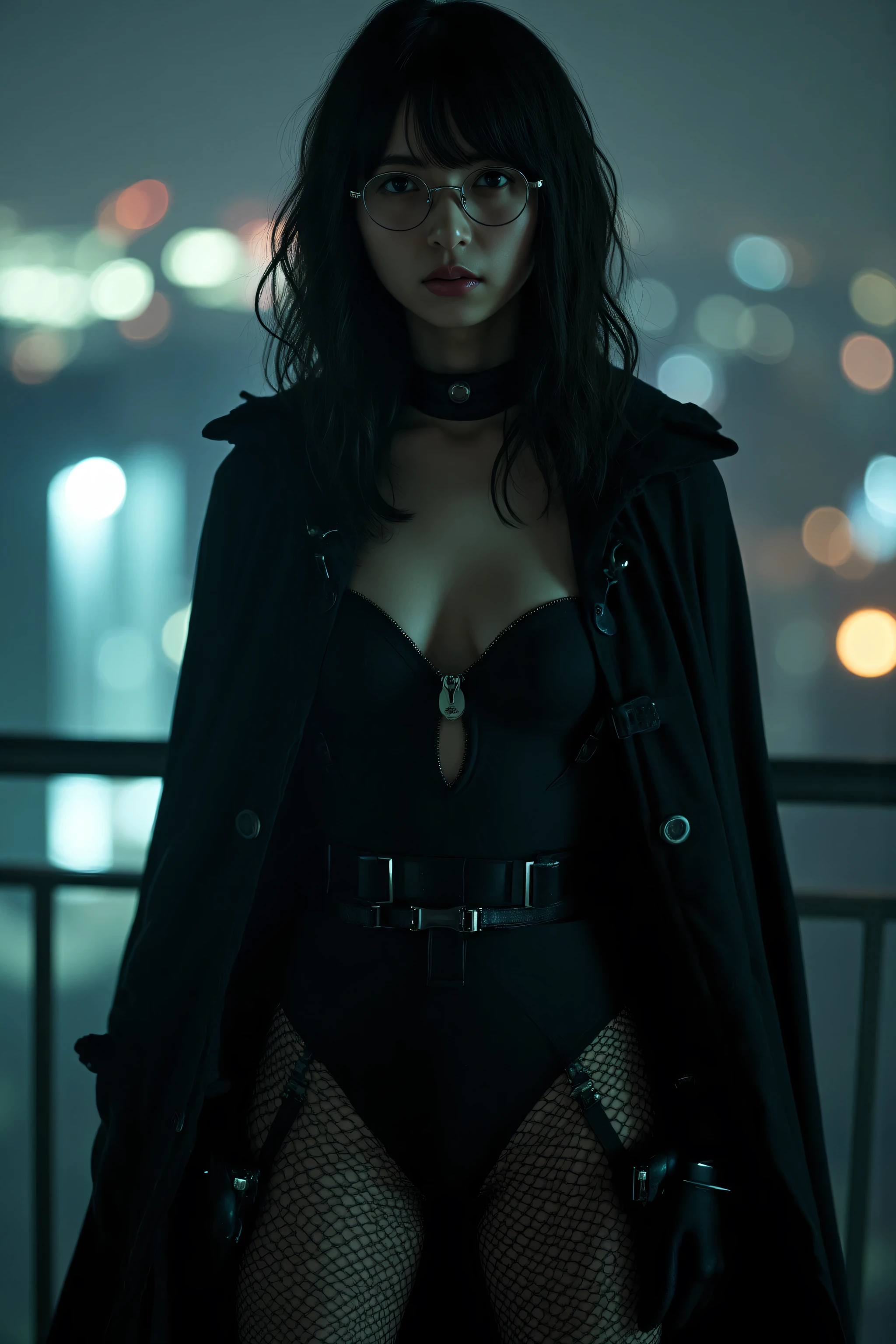 (((Midnight Future City Rooftop:2.0))),(((HR Giger-esque cyberpunk atmosphere:2.0))),(((Holding a cyberpunk-like Japanese sword:2.0))),standing in the teacher's house,one woman,(cute face:1.5),(Beautiful well-balanced face :1.5),(Wavy Black Hair:1.5),(beautiful eyes:1.3),glamorous shot of a 20-year-old Japanese woman,Beautiful slender body,((model body type:2.0)),((slim body:1.7)),perfect body line,ideal proportions,((BIG BREASTS:2.0)),((スリーサイズ90-58-86:3.0)),((F cup chest:1.5)),big boobs,Bare thighs,sensual thighs,delicate body,(muscular:1.7),a harmonious posture,((Realistic breast depiction :1.7)),carefully depict limbs based on perfect anatomy,((super high leg leotard with astronaut style harness:2.0)),((black spacesuit-style super high-leg leotard that cuts in strongly:2.0)),((black cloak with front opening above leotard:2.0)),((Tactical Holster:1.5)),((((thick fishnet tights:2.0)))),((The whole round glasses:2.0)),Concept Art,(Highest Quality:1.5),(masterpiece:1.5),(超高Resolution),Resolution,UHD,(delicate depiction),carefully drawn,32k,((realistic skin texture:1.5)),(((ULTRA REALISTIC:1.5))),carefully drawn eyelashes,Highly Detailed Faces,highly detailed female hands, Sexy appearance ,very sensual,(Blurry, dim background:1.5),professional photo shoot,(Movie Lights:2.0),((Blade Runner Style Lighting:2.0))