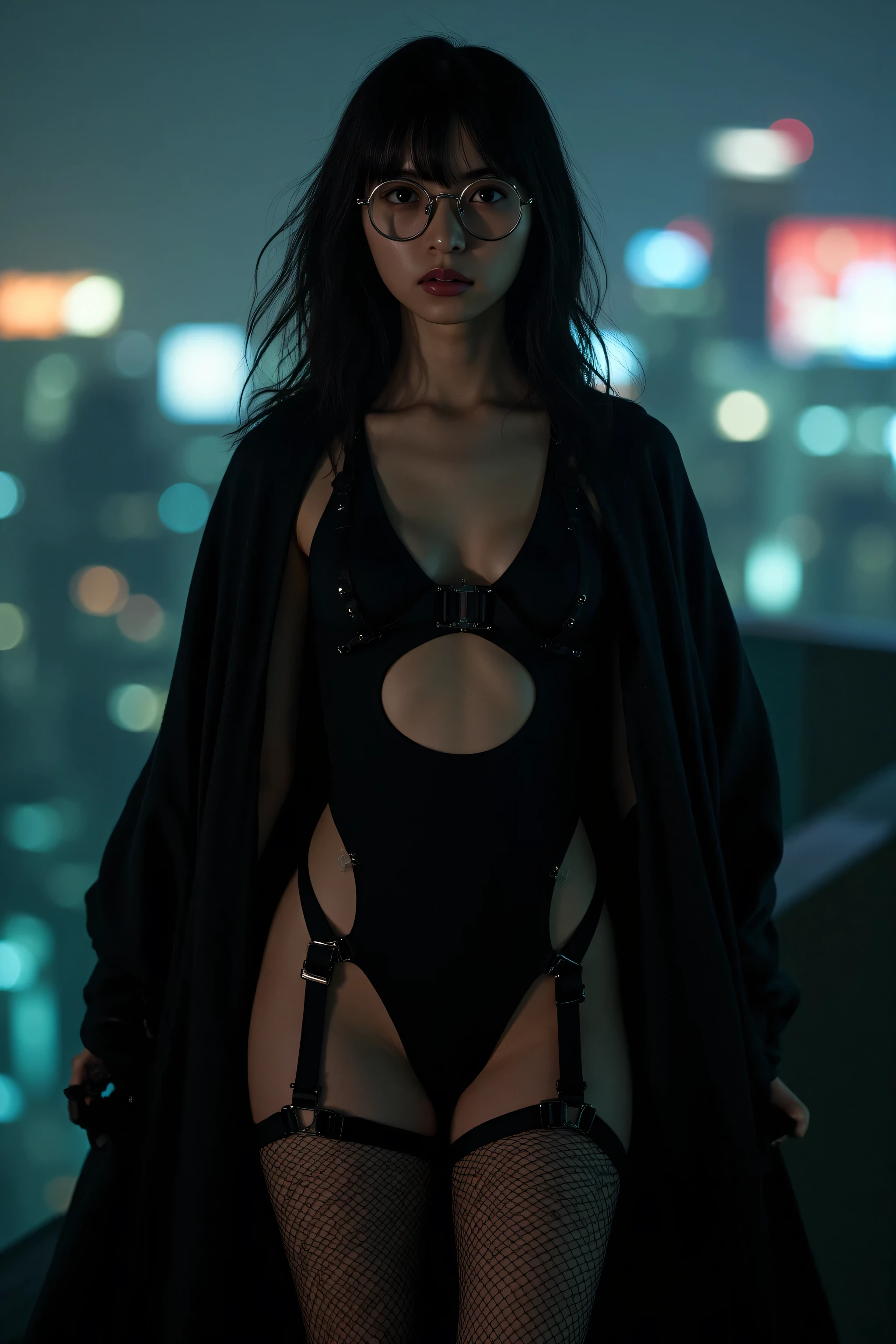 (((Midnight Future City Rooftop:2.0))),(((HR Giger-esque cyberpunk atmosphere:2.0))),(((Holding a cyberpunk-like Japanese sword:2.0))),standing in the teacher's house,one woman,(cute face:1.5),(Beautiful well-balanced face :1.5),(Wavy Black Hair:1.5),(beautiful eyes:1.3),glamorous shot of a 20-year-old Japanese woman,Beautiful slender body,((model body type:2.0)),((slim body:1.7)),perfect body line,ideal proportions,((BIG BREASTS:2.0)),((スリーサイズ90-58-86:3.0)),((F cup chest:1.5)),big boobs,Bare thighs,sensual thighs,delicate body,(muscular:1.7),a harmonious posture,((Realistic breast depiction :1.7)),carefully depict limbs based on perfect anatomy,((super high leg leotard with astronaut style harness:2.0)),((black spacesuit-style super high-leg leotard that cuts in strongly:2.0)),((black cloak with front opening above leotard:2.0)),((Tactical Holster:1.5)),((((thick fishnet tights:2.0)))),((The whole round glasses:2.0)),Concept Art,(Highest Quality:1.5),(masterpiece:1.5),(超高Resolution),Resolution,UHD,(delicate depiction),carefully drawn,32k,((realistic skin texture:1.5)),(((ULTRA REALISTIC:1.5))),carefully drawn eyelashes,Highly Detailed Faces,highly detailed female hands, Sexy appearance ,very sensual,(Blurry, dim background:1.5),professional photo shoot,(Movie Lights:2.0),((Blade Runner Style Lighting:2.0))