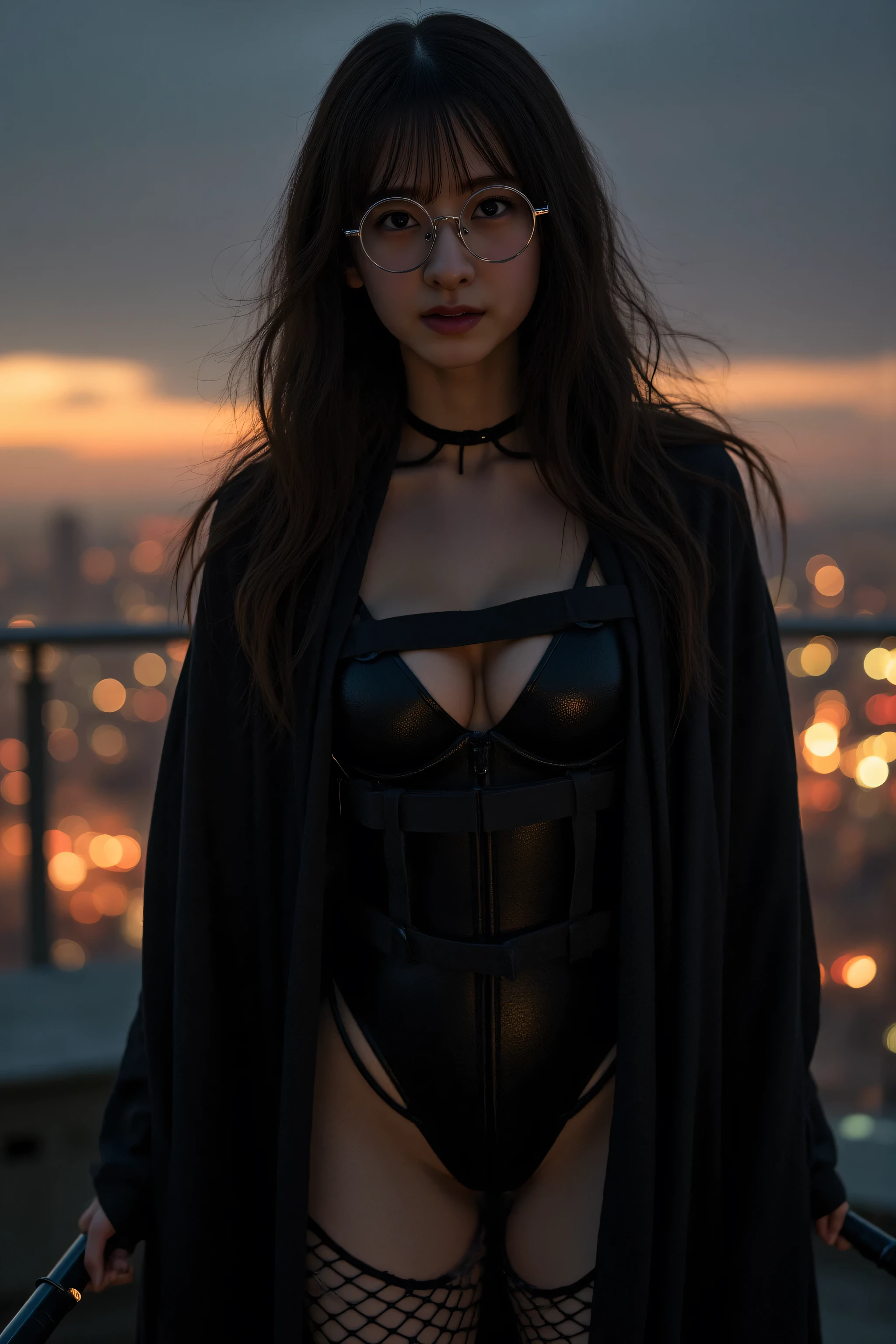 (((Midnight Future City Rooftop:2.0))),(((HR Giger-esque cyberpunk atmosphere:2.0))),(((Holding a cyberpunk-like Japanese sword:2.0))),standing in the teacher's house,one woman,(cute face:1.5),(Beautiful well-balanced face :1.5),(Wavy Black Hair:1.5),(beautiful eyes:1.3),glamorous shot of a 20-year-old Japanese woman,Beautiful slender body,((model body type:2.0)),((slim body:1.7)),perfect body line,ideal proportions,((BIG BREASTS:2.0)),((スリーサイズ90-58-86:3.0)),((F cup chest:1.5)),big boobs,Bare thighs,sensual thighs,delicate body,(muscular:1.7),a harmonious posture,((Realistic breast depiction :1.7)),carefully depict limbs based on perfect anatomy,((super high leg leotard with astronaut style harness:2.0)),((black spacesuit-style super high-leg leotard that cuts in strongly:2.0)),((black cloak with front opening above leotard:2.0)),((Tactical Holster:1.5)),((((thick fishnet tights:2.0)))),((The whole round glasses:2.0)),Concept Art,(Highest Quality:1.5),(masterpiece:1.5),(超高Resolution),Resolution,UHD,(delicate depiction),carefully drawn,32k,((realistic skin texture:1.5)),(((ULTRA REALISTIC:1.5))),carefully drawn eyelashes,Highly Detailed Faces,highly detailed female hands, Sexy appearance ,very sensual,(Blurry, dim background:1.5),professional photo shoot,(Movie Lights:2.0),((Blade Runner Style Lighting:2.0))