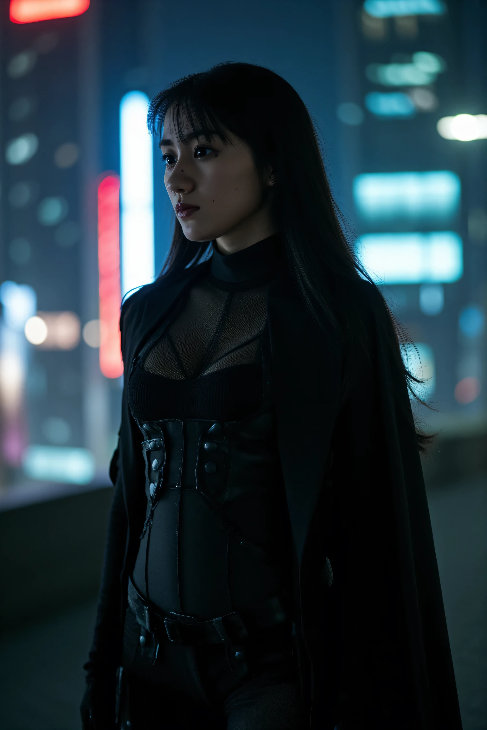 (((Midnight Future City Rooftop:2.0))),(((HR Giger-esque cyberpunk atmosphere:2.0))),(((Holding a cyberpunk-like Japanese sword:2.0))),standing in the teacher's house,one woman,(cute face:1.5),(Beautiful well-balanced face :1.5),(Wavy Black Hair:1.5),(beautiful eyes:1.3),glamorous shot of a 20-year-old Japanese woman,Beautiful slender body,((model body type:2.0)),((slim body:1.7)),perfect body line,ideal proportions,((BIG BREASTS:2.0)),((スリーサイズ90-58-86:3.0)),((F cup chest:1.5)),big boobs,Bare thighs,sensual thighs,delicate body,(muscular:1.7),a harmonious posture,((Realistic breast depiction :1.7)),carefully depict limbs based on perfect anatomy,((super high leg leotard with astronaut style harness:2.0)),((black spacesuit-style super high-leg leotard that cuts in strongly:2.0)),((black cloak with front opening above leotard:2.0)),((Tactical Holster:1.5)),((((thick fishnet tights:2.0)))),((The whole round glasses)),Concept Art,(Highest Quality:1.5),(masterpiece:1.5),(超高Resolution),Resolution,UHD,(delicate depiction),carefully drawn,32k,((realistic skin texture:1.5)),(((ULTRA REALISTIC:1.5))),carefully drawn eyelashes,Highly Detailed Faces,highly detailed female hands, Sexy appearance ,very sensual,(Blurry, dim background:1.5),professional photo shoot,(Movie Lights:2.0),((Blade Runner Style Lighting:2.0))