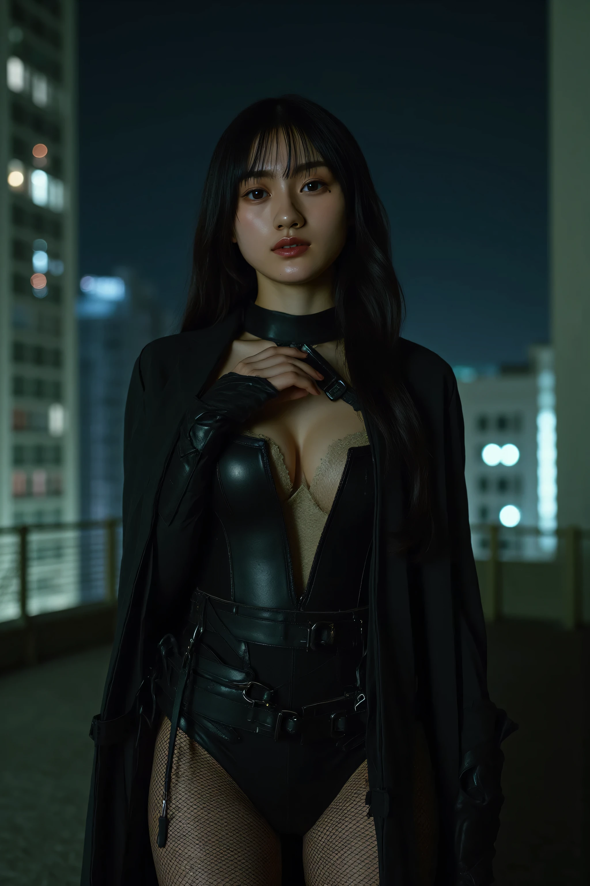 (((Midnight Future City Rooftop:2.0))),(((HR Giger-esque cyberpunk atmosphere:2.0))),(((Holding a cyberpunk-like Japanese sword:2.0))),standing in the teacher's house,one woman,(cute face:1.5),(Beautiful well-balanced face :1.5),(Wavy Black Hair:1.5),(beautiful eyes:1.3),glamorous shot of a 20-year-old Japanese woman,Beautiful slender body,((model body type:2.0)),((slim body:1.7)),perfect body line,ideal proportions,((BIG BREASTS:2.0)),((スリーサイズ90-58-86:3.0)),((F cup chest:1.5)),big boobs,Bare thighs,sensual thighs,delicate body,(muscular:1.7),a harmonious posture,((Realistic breast depiction :1.7)),carefully depict limbs based on perfect anatomy,((super high leg leotard with astronaut style harness:2.0)),((black spacesuit-style super high-leg leotard that cuts in strongly:2.0)),((black cloak with front opening above leotard:2.0)),((Tactical Holster:1.5)),((((thick fishnet tights:2.0)))),((The whole round glasses)),Concept Art,(Highest Quality:1.5),(masterpiece:1.5),(超高Resolution),Resolution,UHD,(delicate depiction),carefully drawn,32k,((realistic skin texture:1.5)),(((ULTRA REALISTIC:1.5))),carefully drawn eyelashes,Highly Detailed Faces,highly detailed female hands, Sexy appearance ,very sensual,(Blurry, dim background:1.5),professional photo shoot,(Movie Lights:2.0),((Blade Runner Style Lighting:2.0))