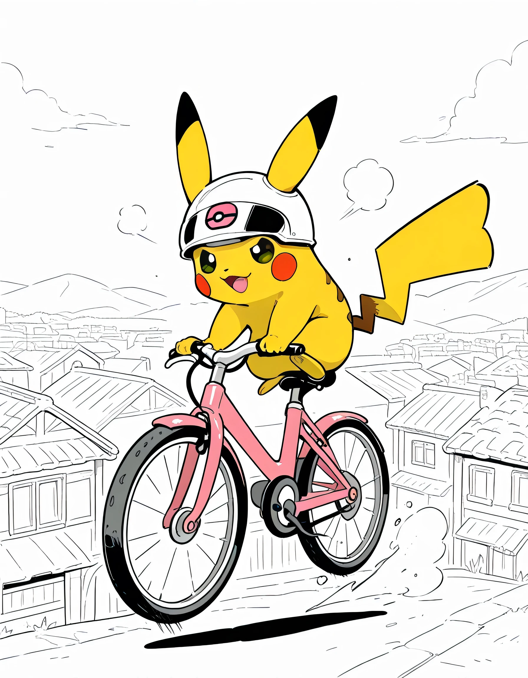 dynamic jumping high with riding bike), (pikachu(pokemon)face helmet), full body, solo,soft lineart,flat color,comic art,town scene